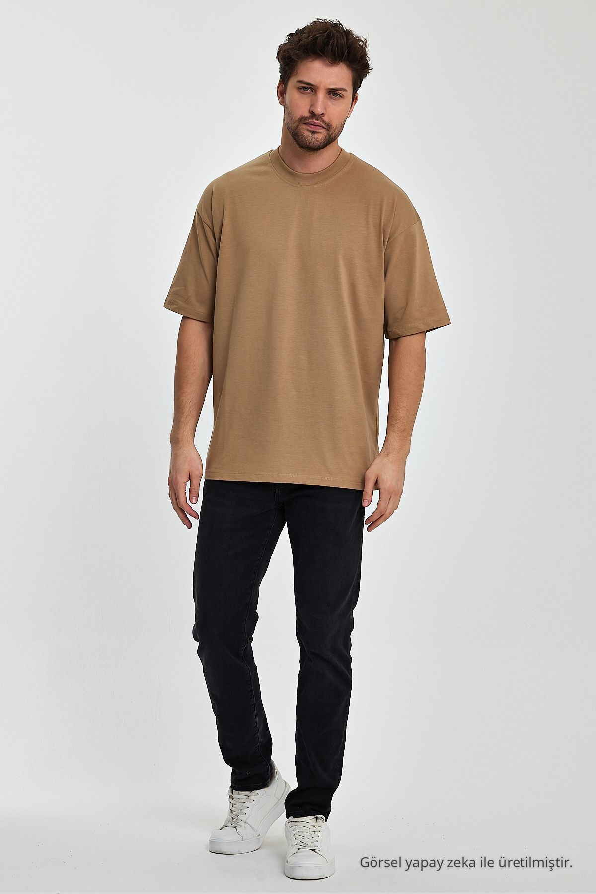 Erkek Oversize Fit Kalın Kumaş Dokulu Bisiklet Yaka T-shirt KARAMEL 6