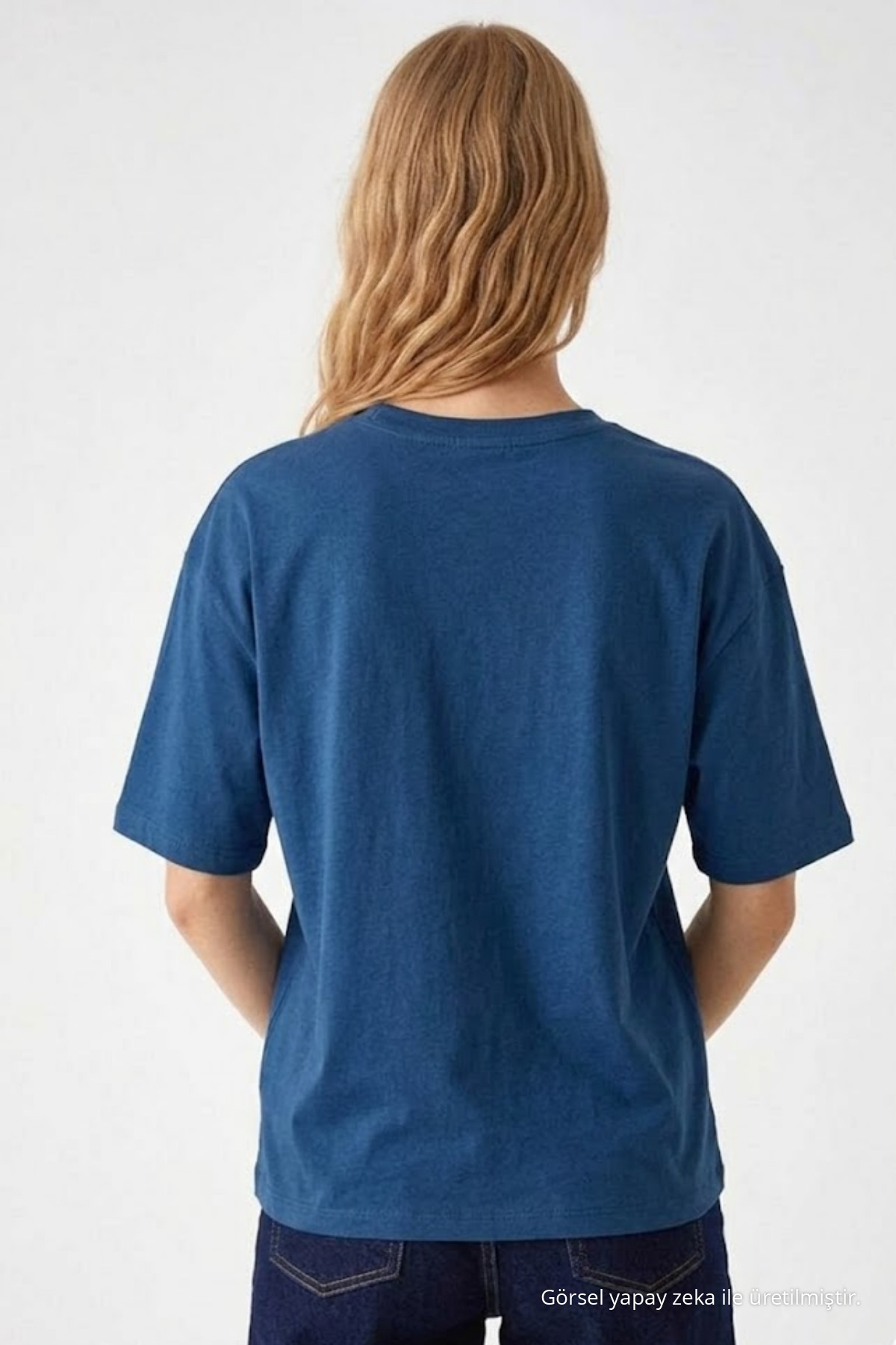 Kadın Bisiklet Yaka Mavi Oversize Tişört 5