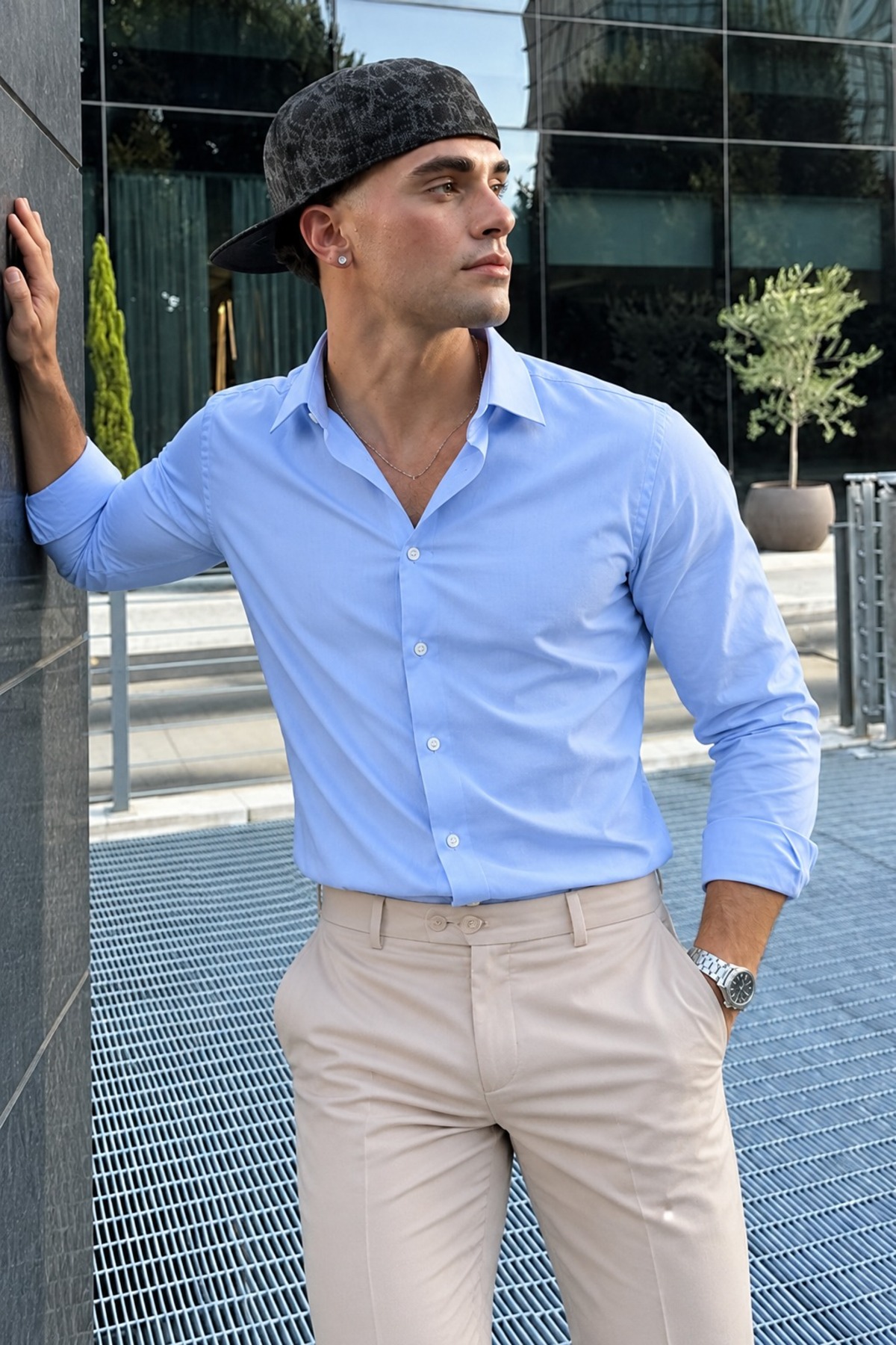 Erkek Slim Fit Uzun Kollu Klasik Mavi Gömlek 3