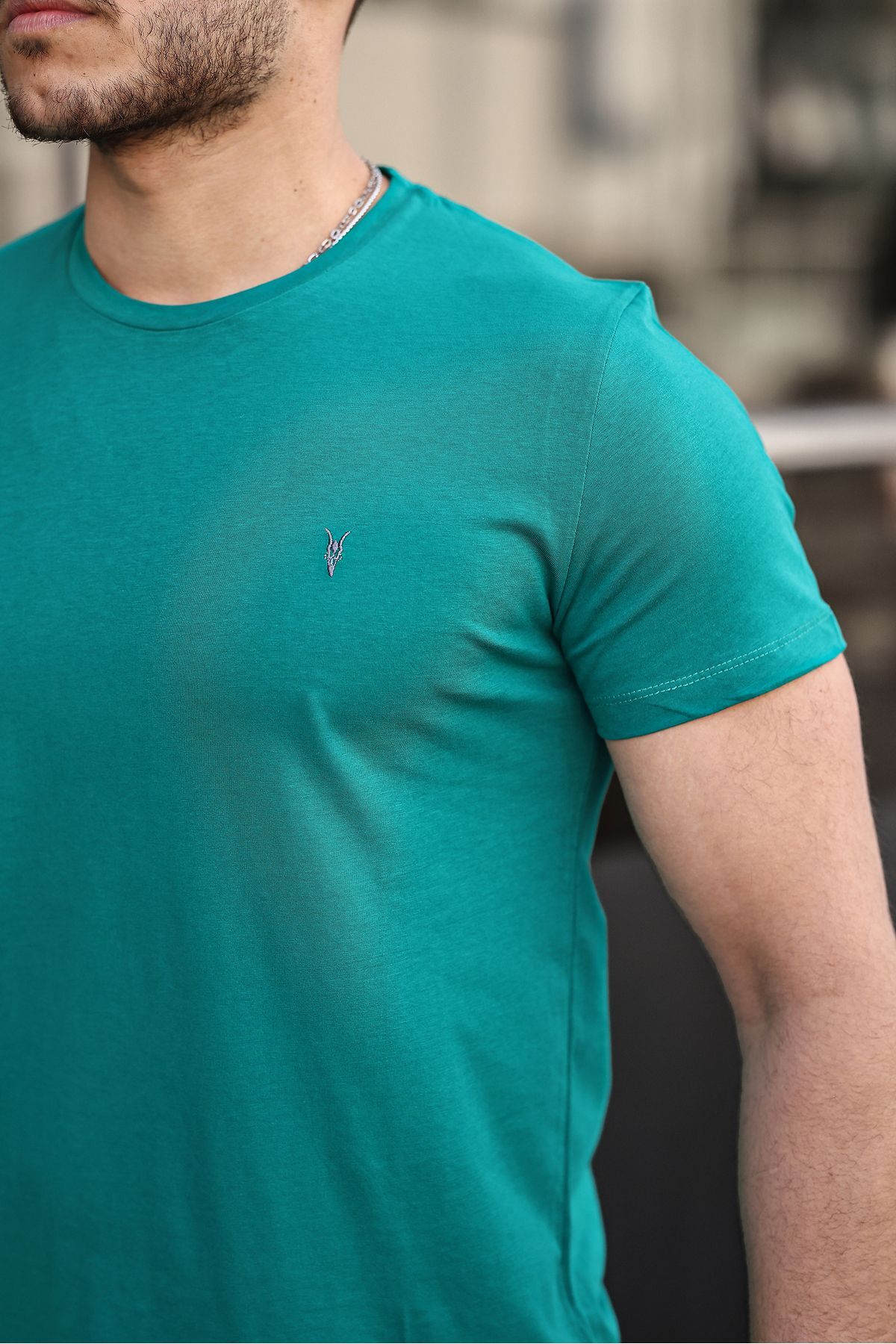 Erkek %100 Pamuk Nefes Alan Bisiklet Yaka Standart Fit Normal Kesim T-shirt KOYU YEŞİL 3