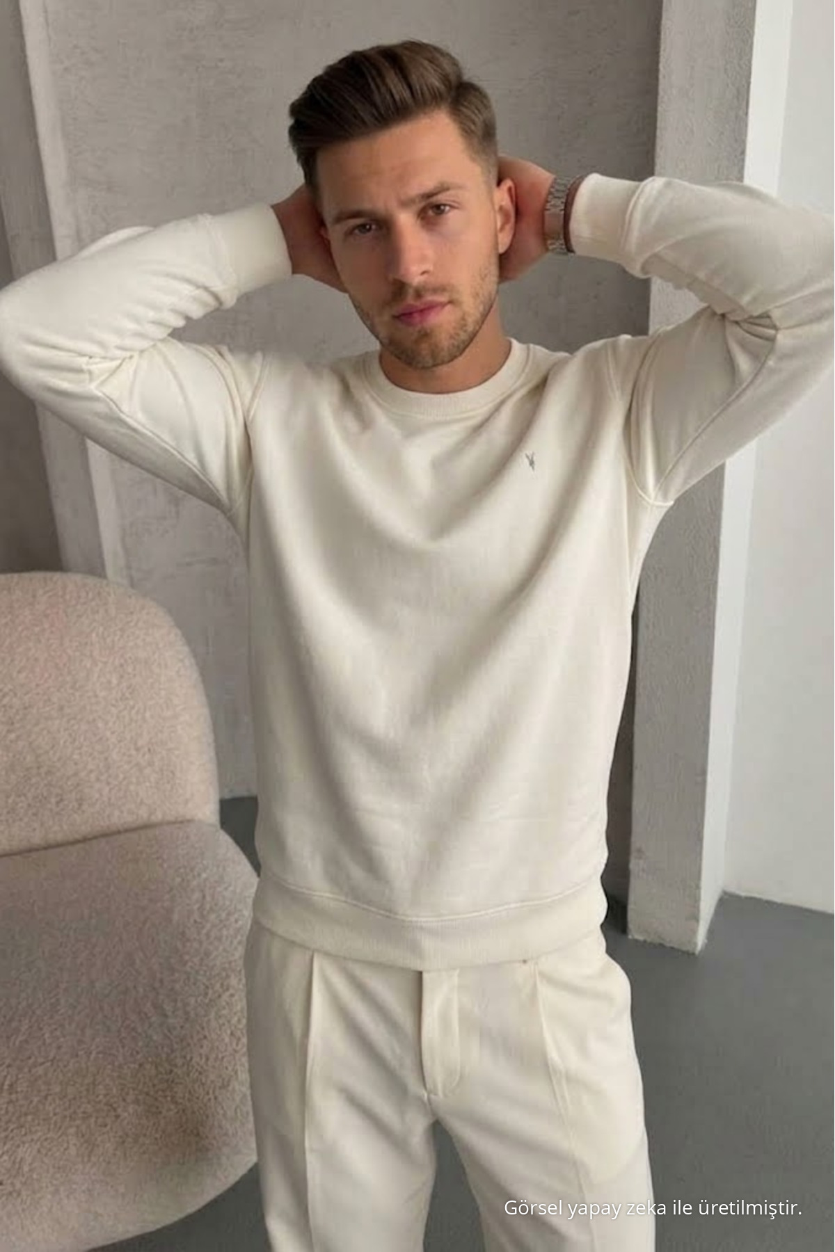 Erkek Loose Dokulu Flare Ekru Sweatshirt 5