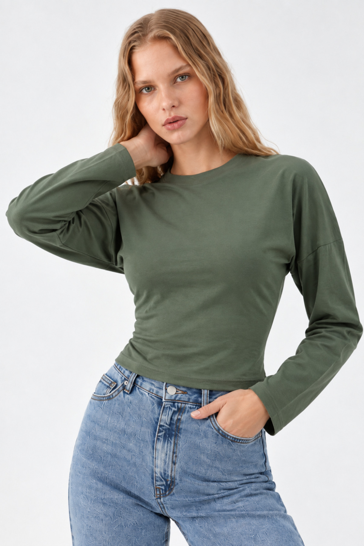Haki Bisiklet Yaka Uzun Kollu Crop Bluz 4