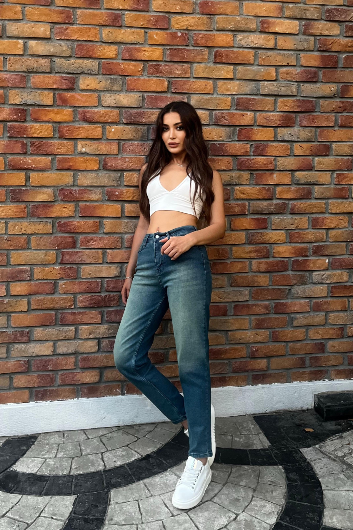 Kadın Yüksek Bel Boyfriend Likralı Kot Pantolon Koyu Mavi 4
