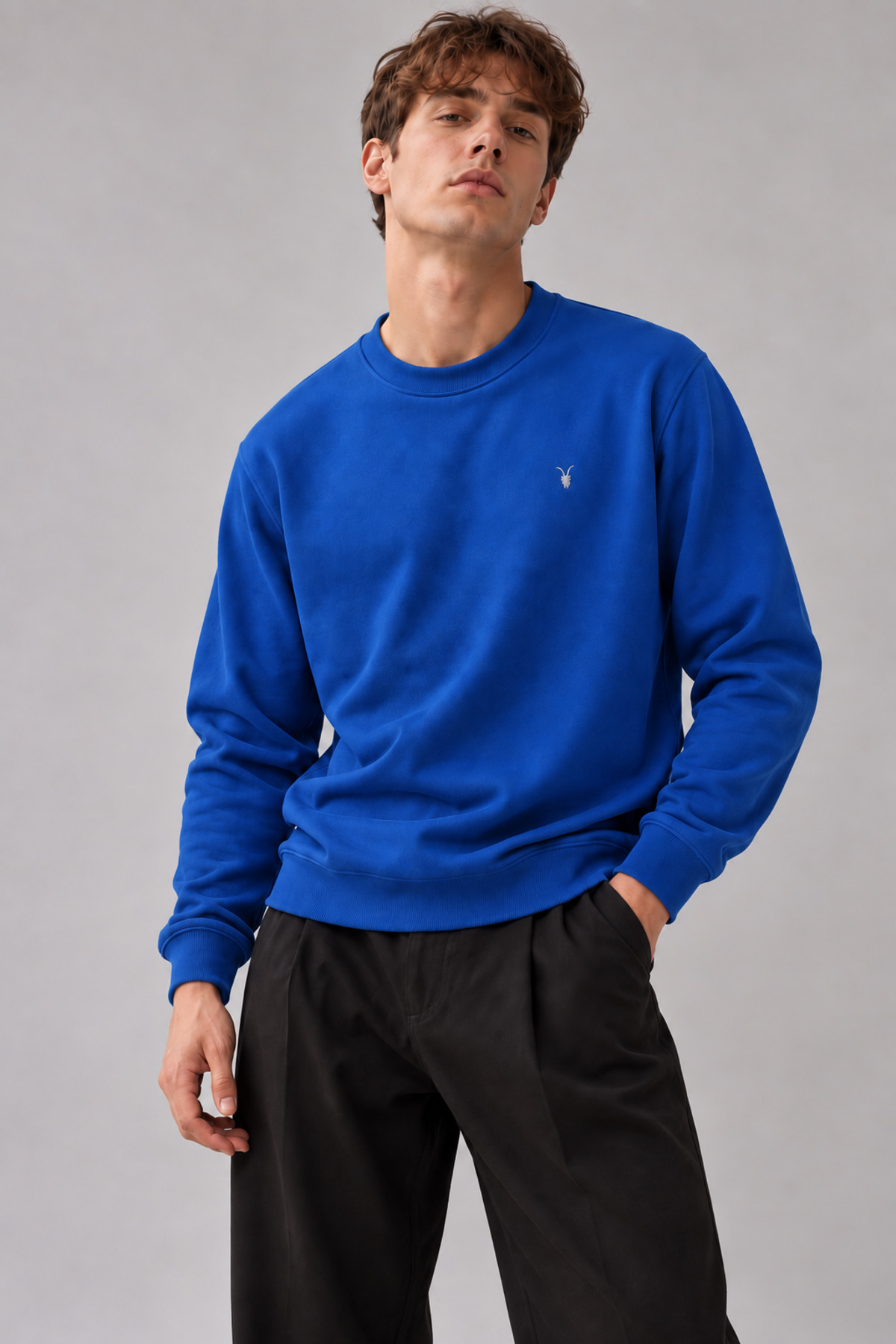 Indigo Renk Basic Bisiklet Yaka Erkek Sweatshirt İNDİGO 4
