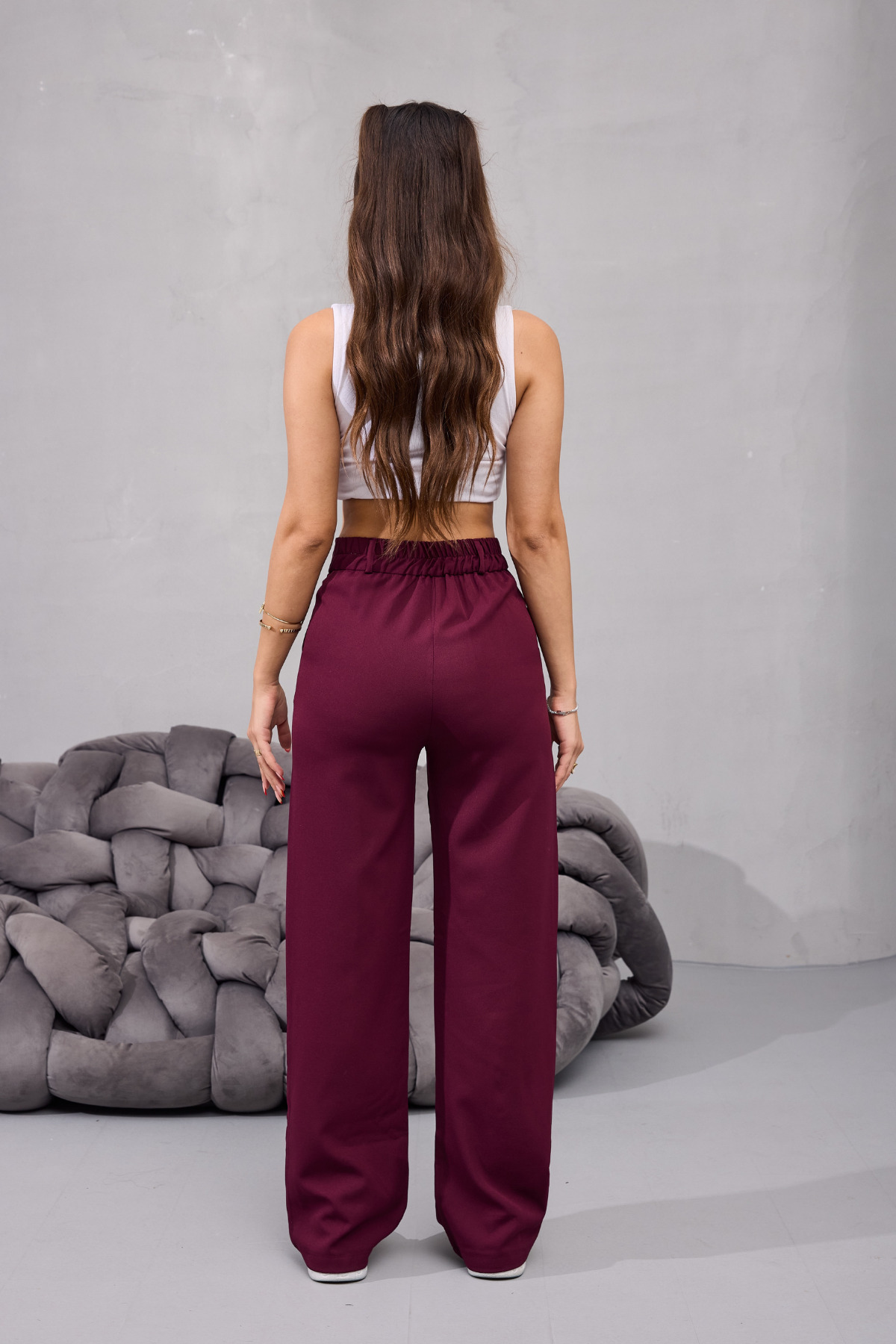 Kadın Yüksek Bel Likralı Geniş Paça Çımalı Rahat Kesim Pantolon BORDO 6