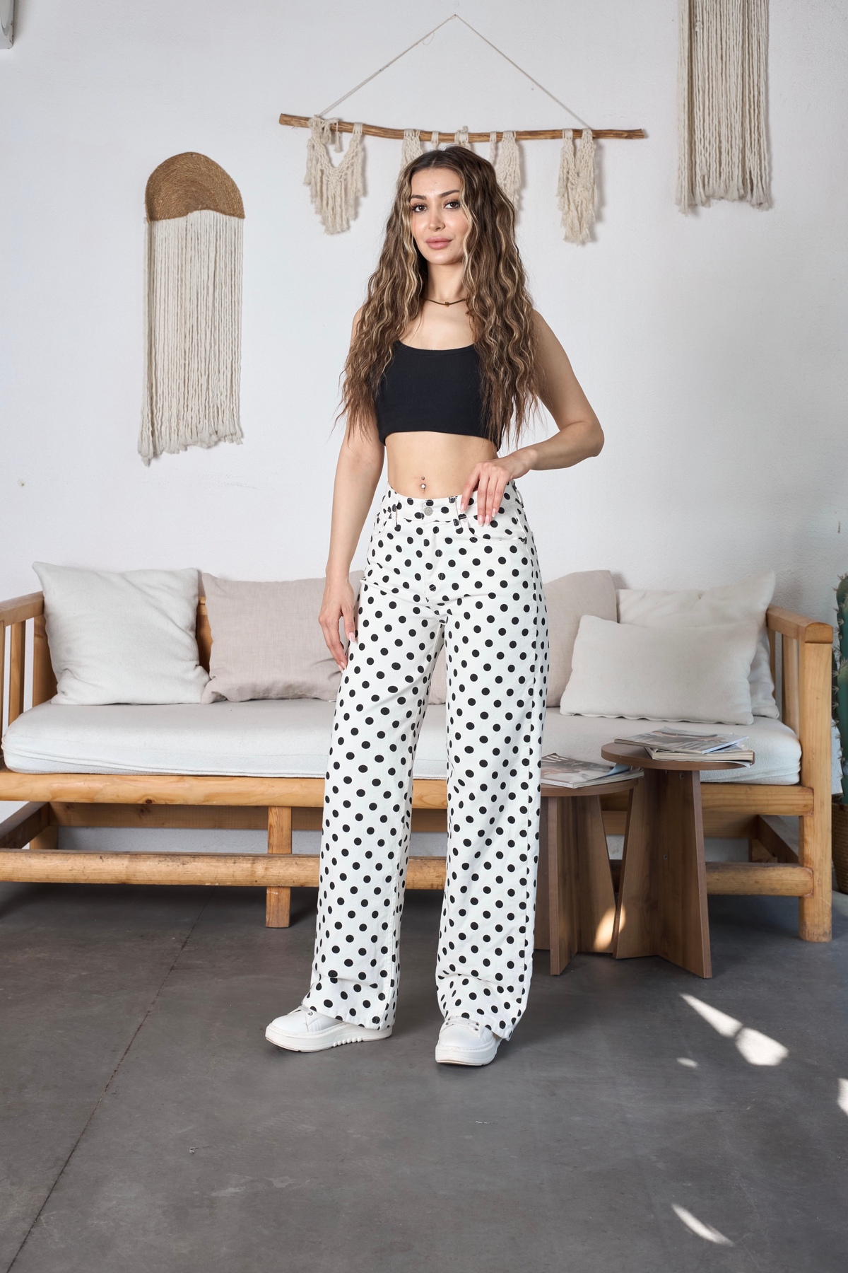 Puantiye Desenli Wide Leg Denim Pantolon Beyaz 7