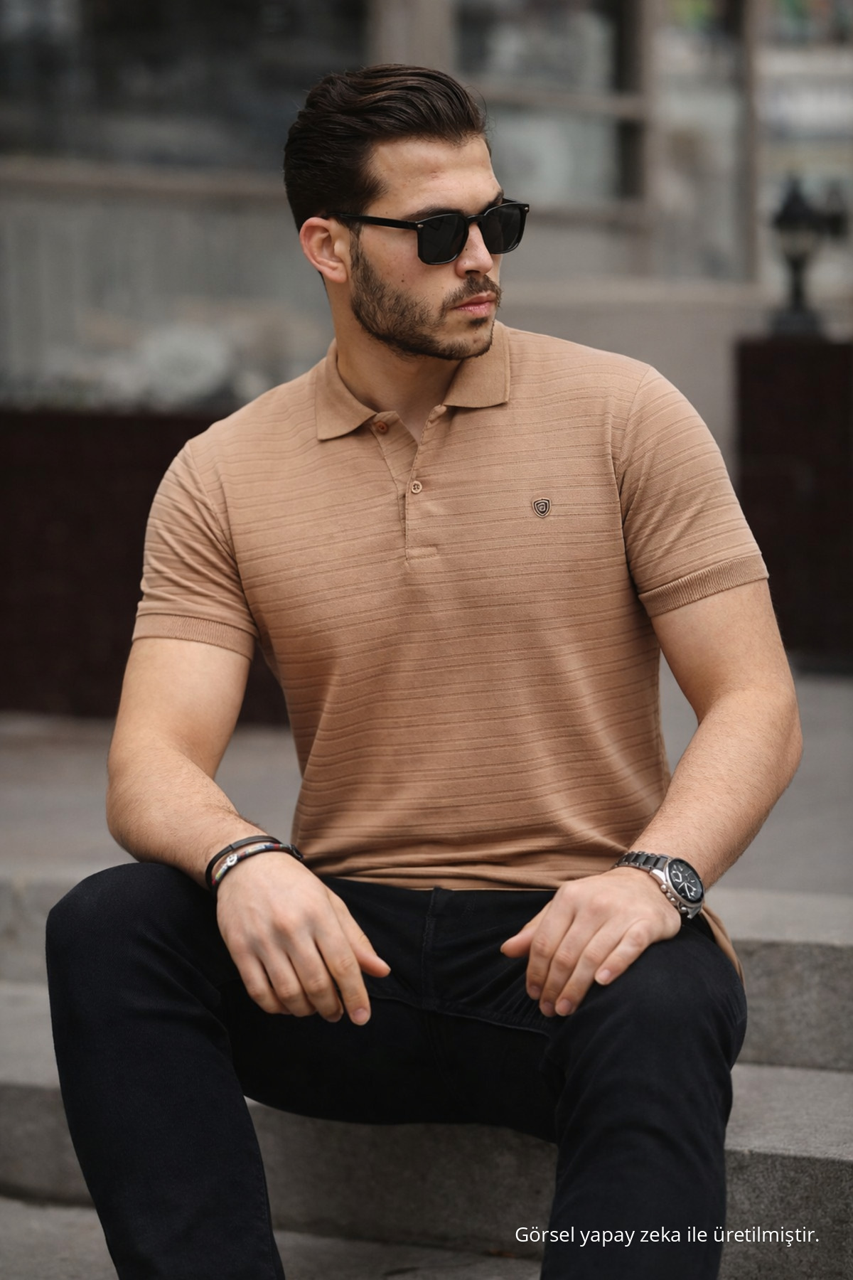 Erkek %100 Pamuklu Kumaş Slim Fit Kesim Karamel Polo Yaka T-shirt 6