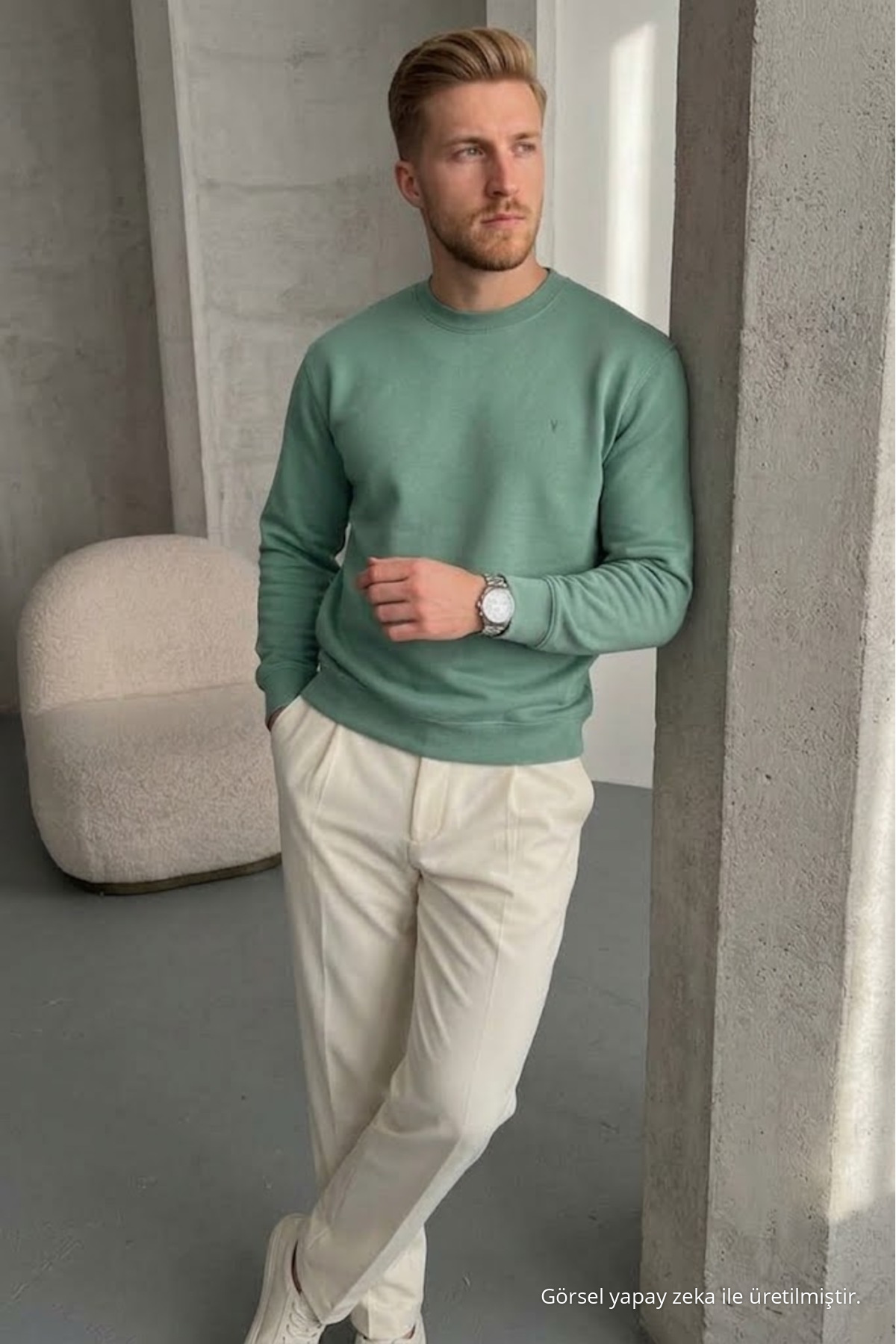 Erkek Loose Dokulu Flare Çağla Sweatshirt 6
