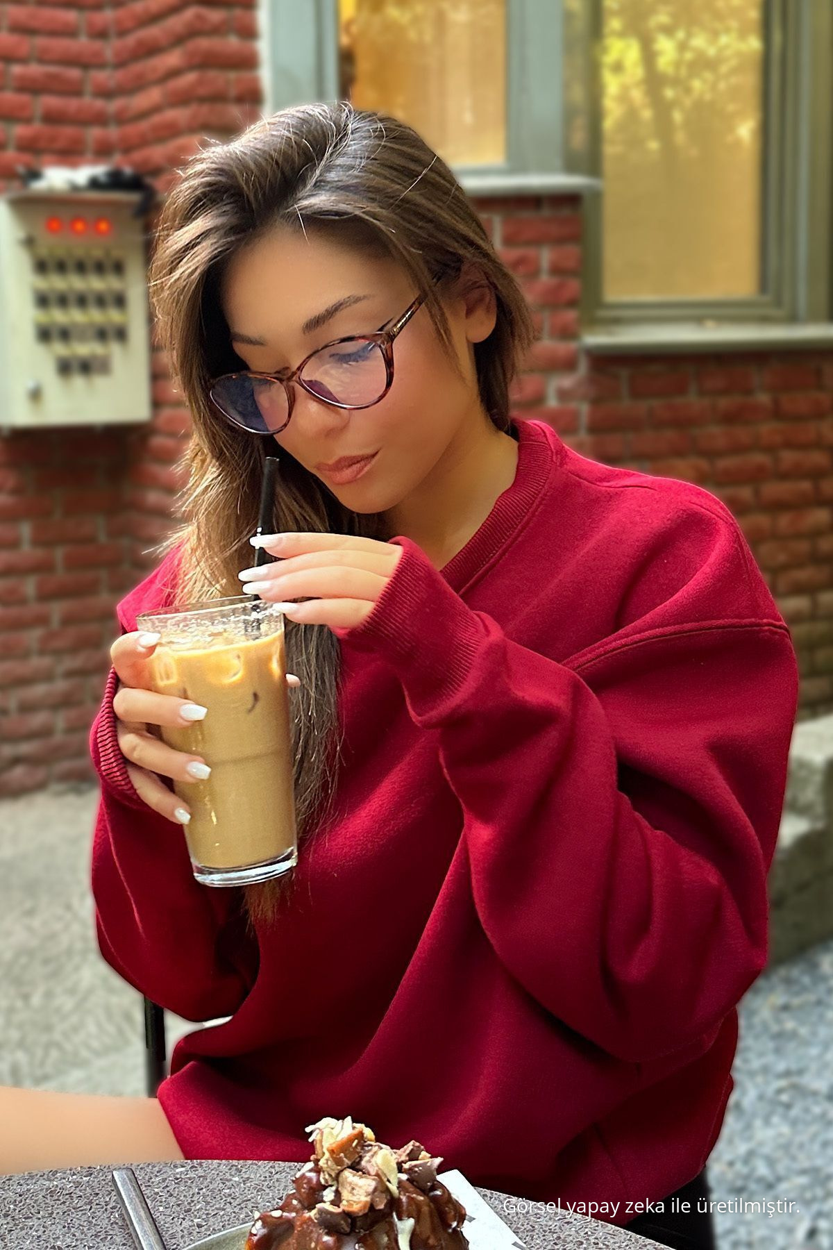 Kadın Oversize Kalın Şardonlu Yumuşak Bisiklet Yaka Sweatshirt Bordo 4