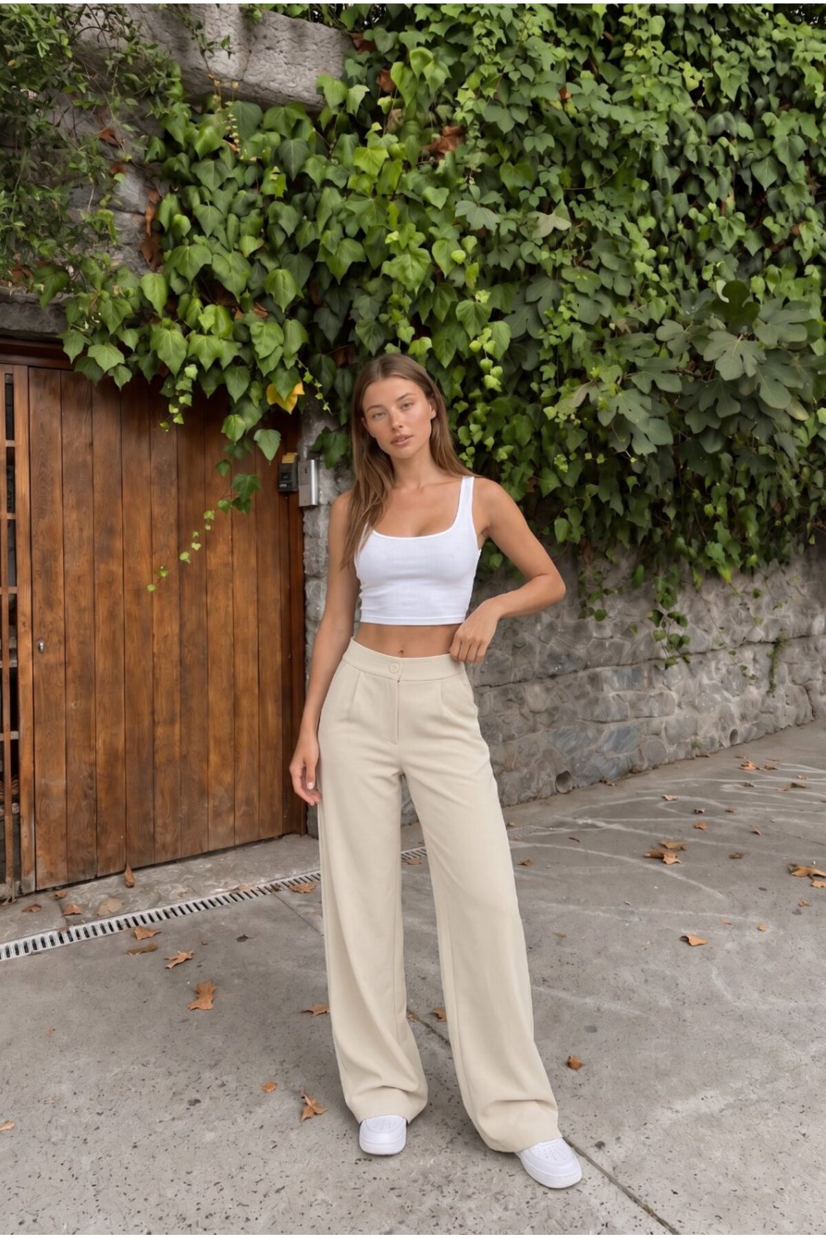 Yüksek Bel Wide Leg Bol Paça Düğmeli Kumaş Pantolon BEJ 7