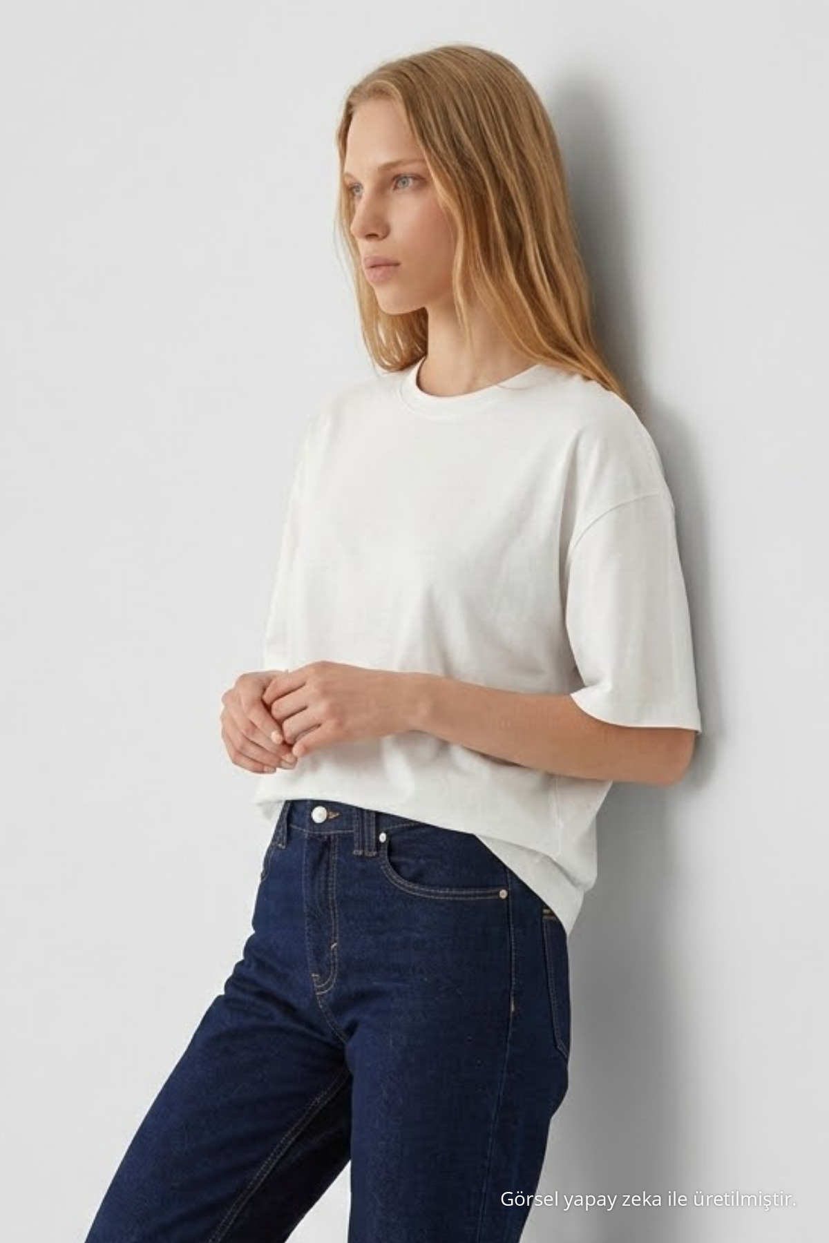 Kadın Bisiklet Yaka Ekru Oversize Tişört 4