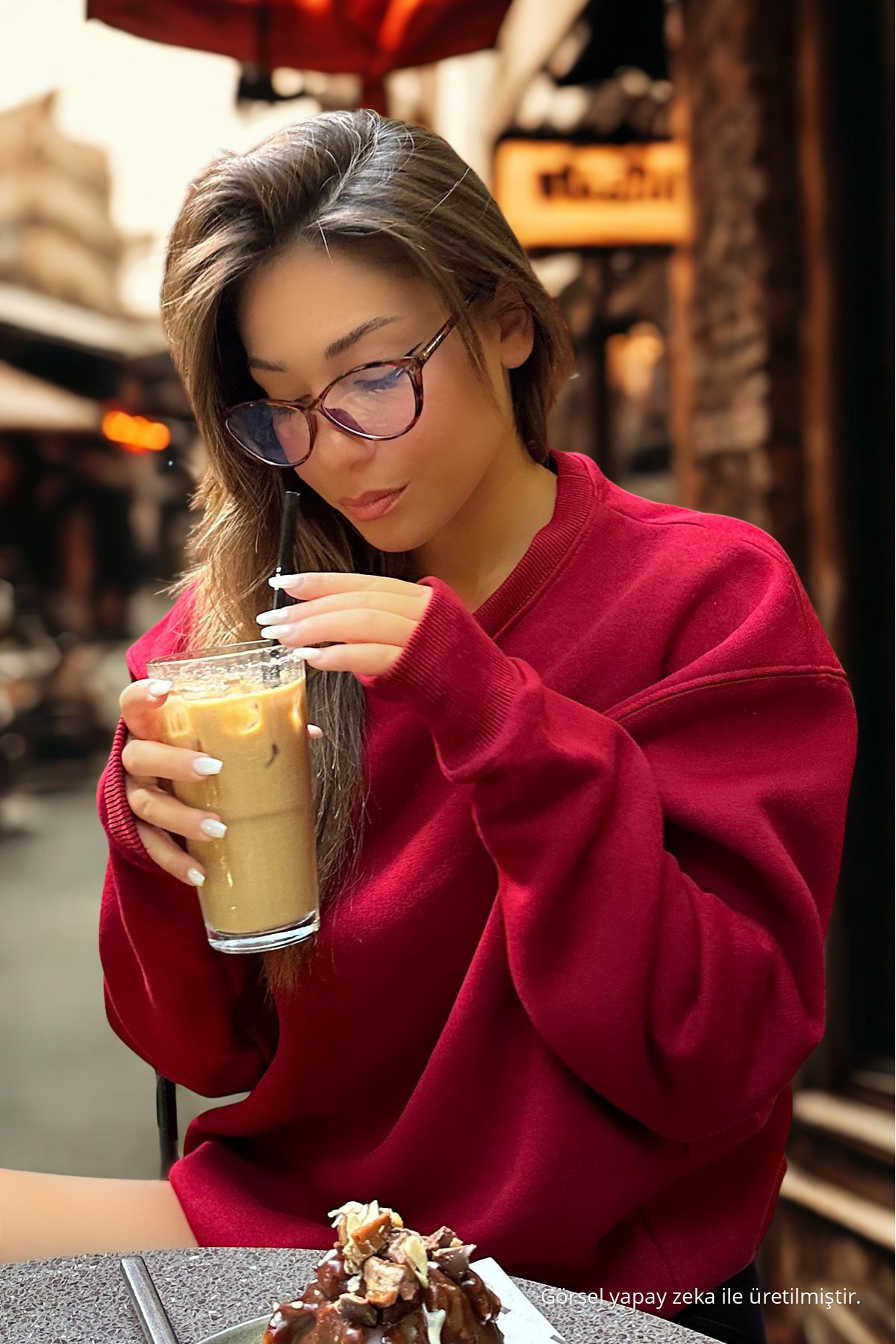 Kadın Oversize Kalın Şardonlu Yumuşak Bisiklet Yaka Sweatshirt Bordo 5