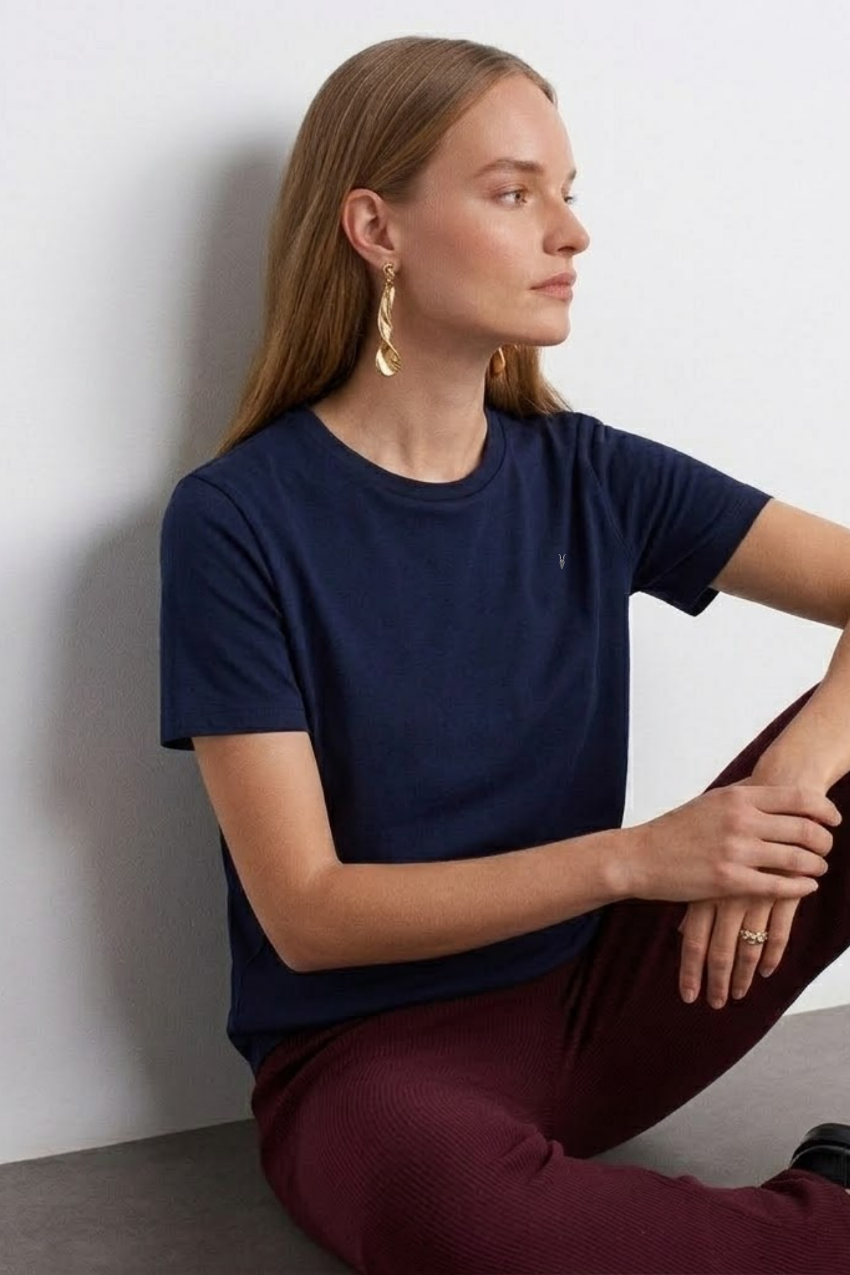 Kadın Comfort Fit Basic Lacivert Bol Tişört 5
