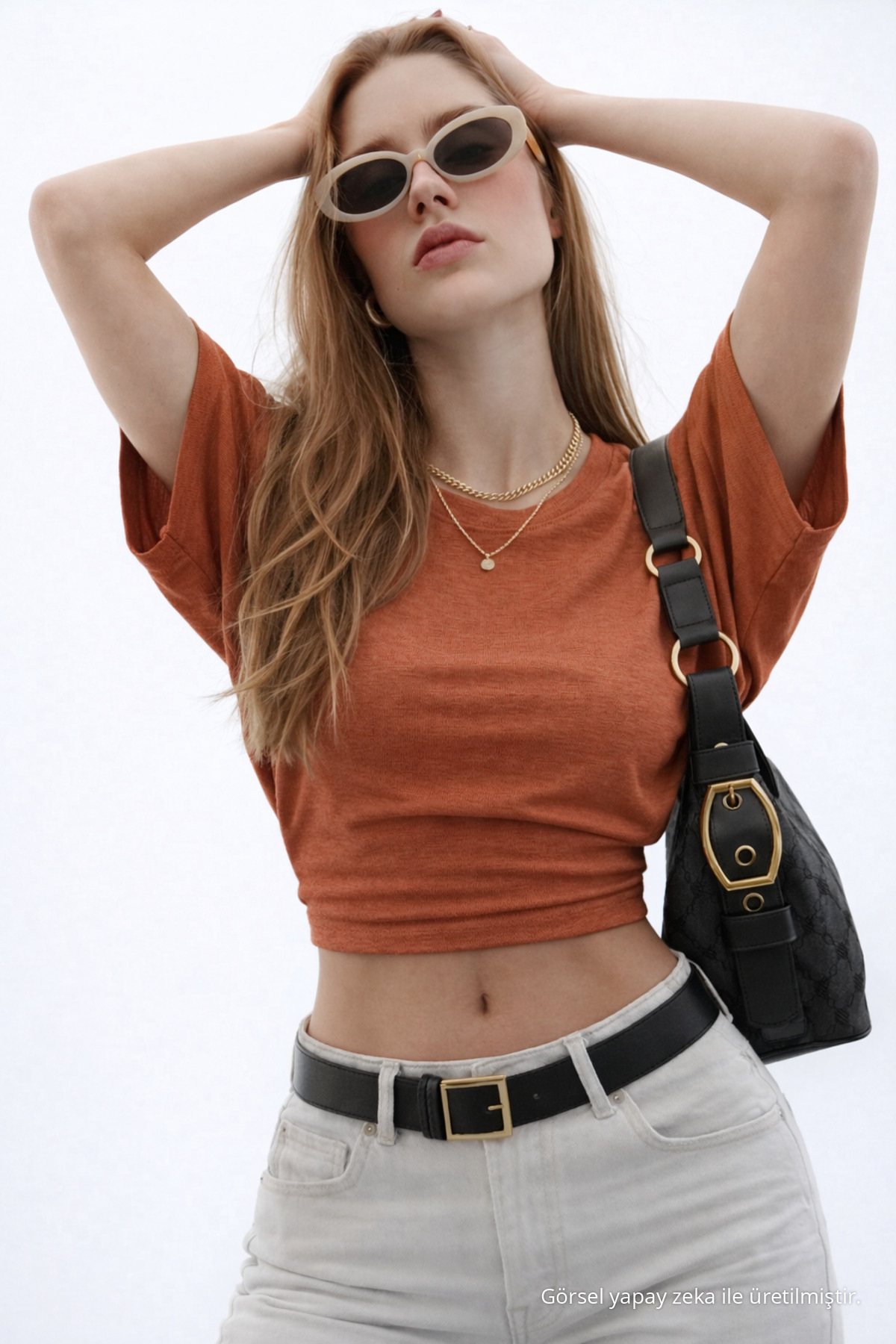 Kadın Basic Bel Detaylı Pudra Crop Bluz 3