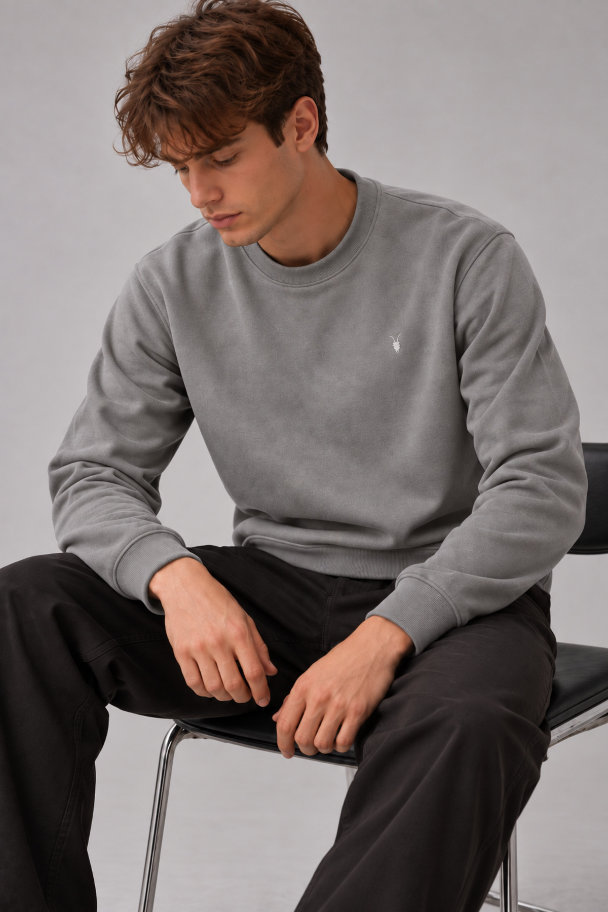 GRİ Renk Basic Bisiklet Yaka Erkek Sweatshirt 5