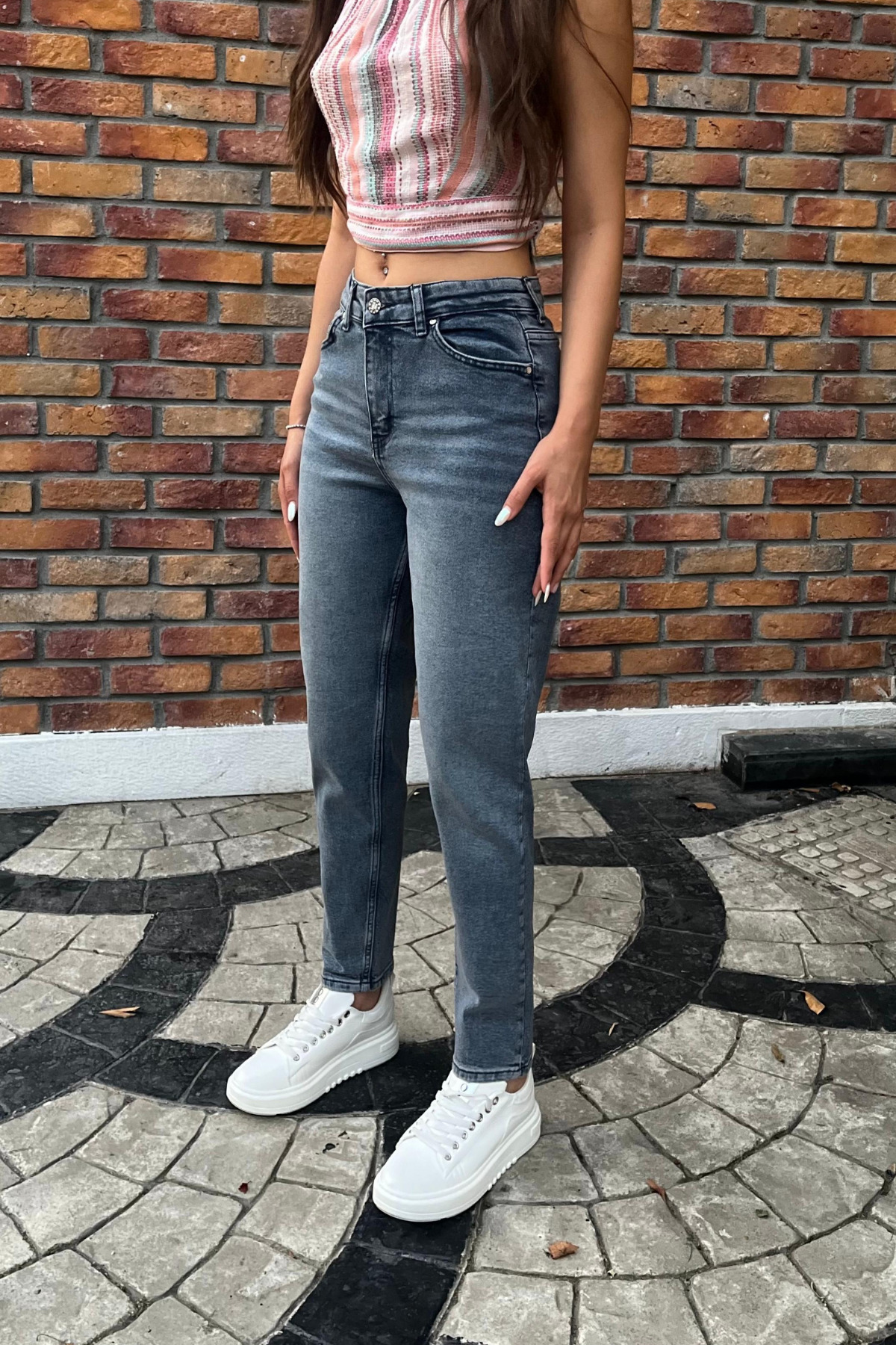 Kadın Yüksek Bel Boyfriend Likralı Kot Pantolon Gök Mavi 6