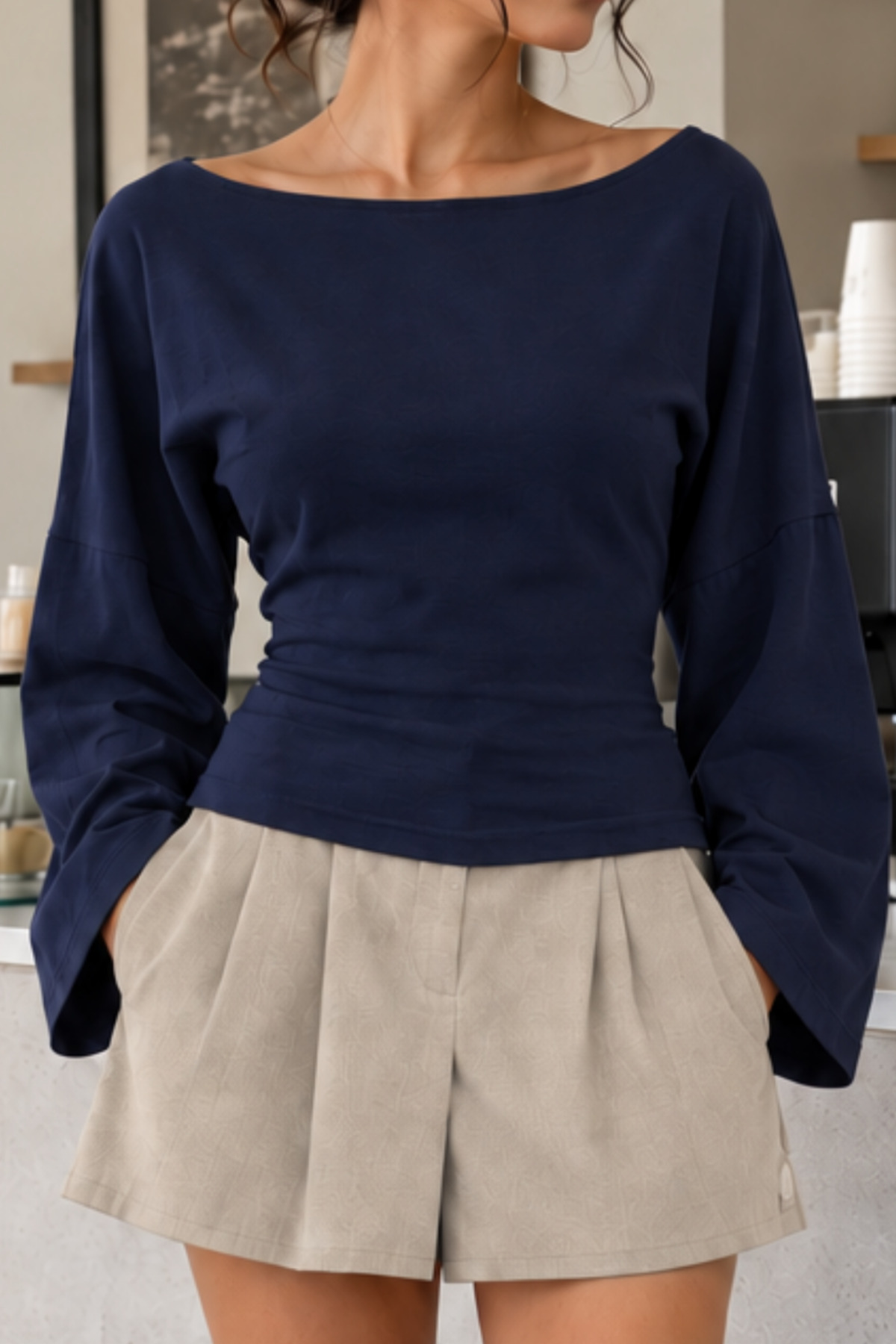 Kadın Açık Yaka İspanyol Kol Lacivert Bluz 5