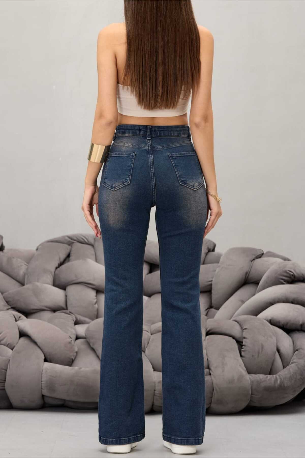 Kadın Yüksek Bel Esnek Ispanyol Paça Jeans koyu lacivert 5