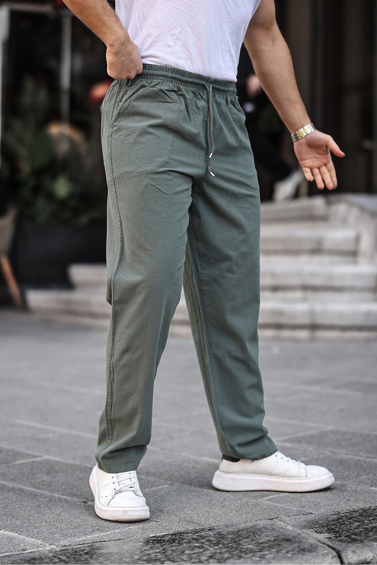 HAKİ Renk Erkek Yazlık Keten Karışımı Relaxed Pantolon 5