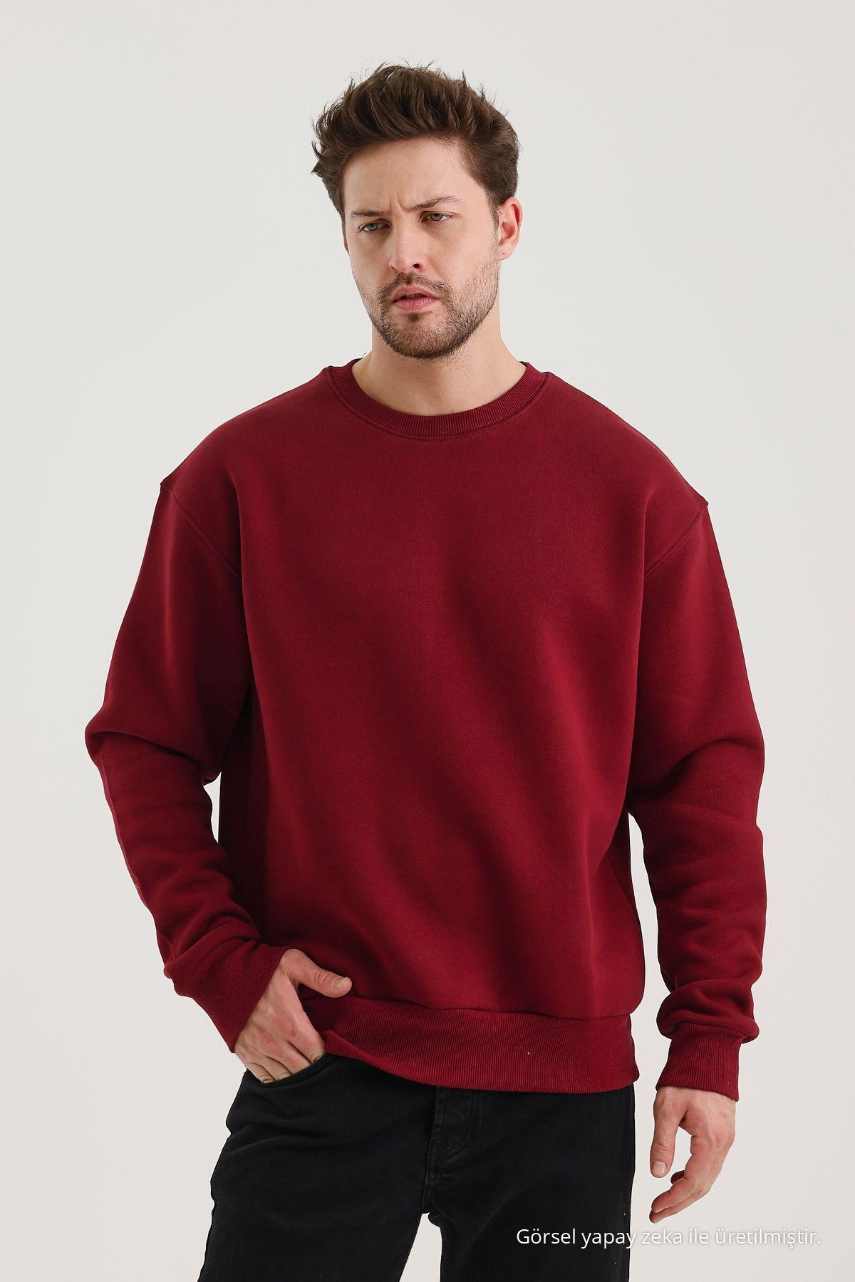 Bordo Bisiklet Yaka Oversize Şardonlu Basic Erkek Sweatshirt 6