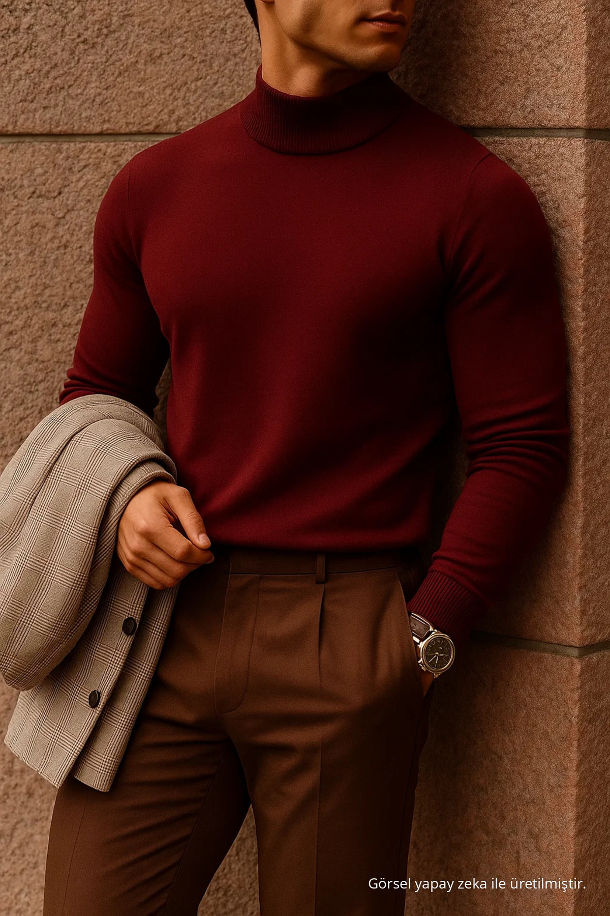 Erkek Boğazlı Casual Bordo Triko Kazak 4