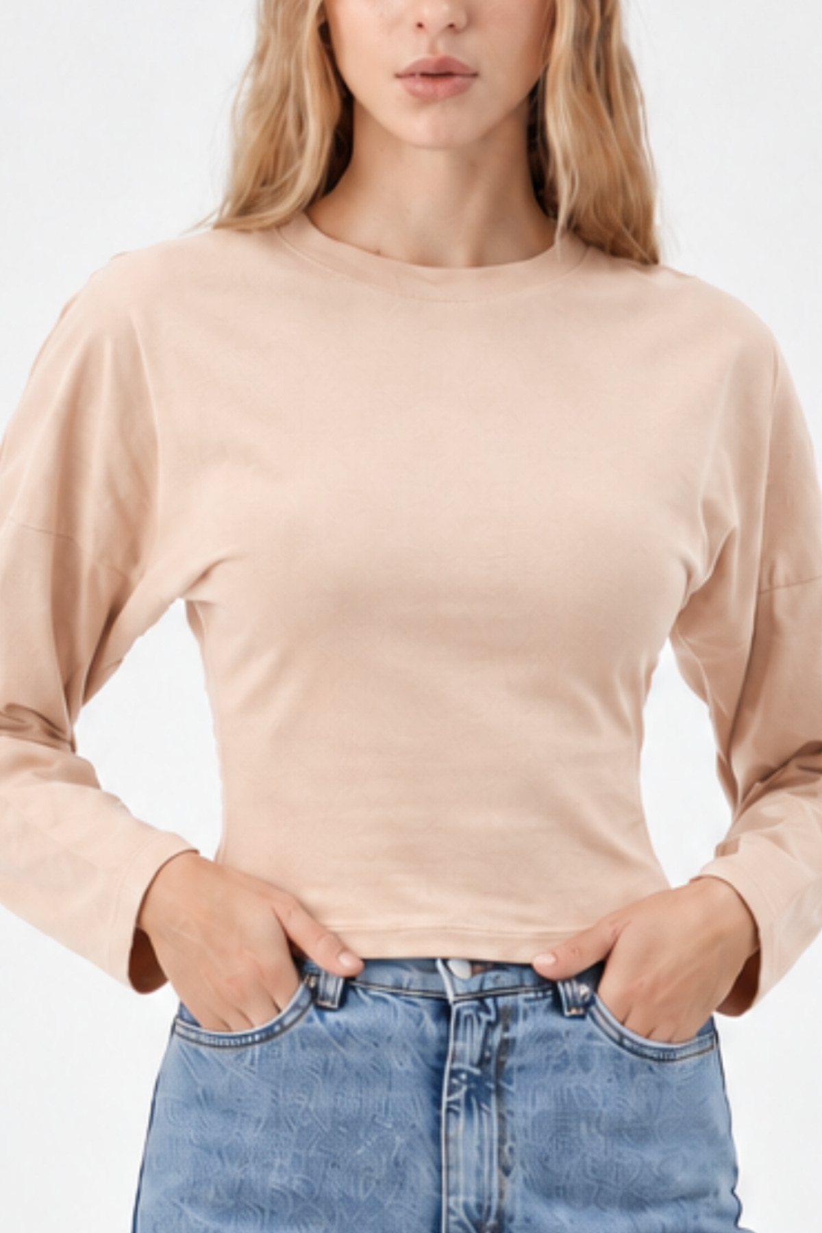 Bej Bisiklet Yaka Uzun Kollu Crop Bluz 5
