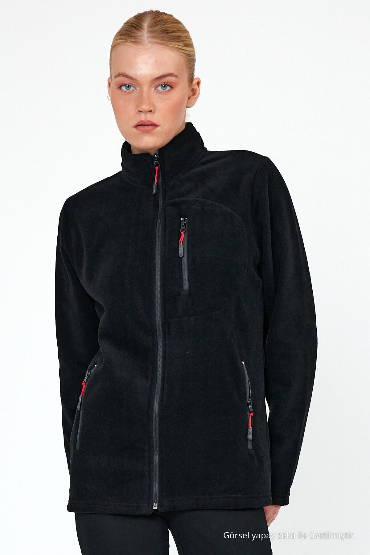 Kadın SİYAH Polar Tam Fermuarlı Outdoor 3 Cepli Spor Polar Ceket 3