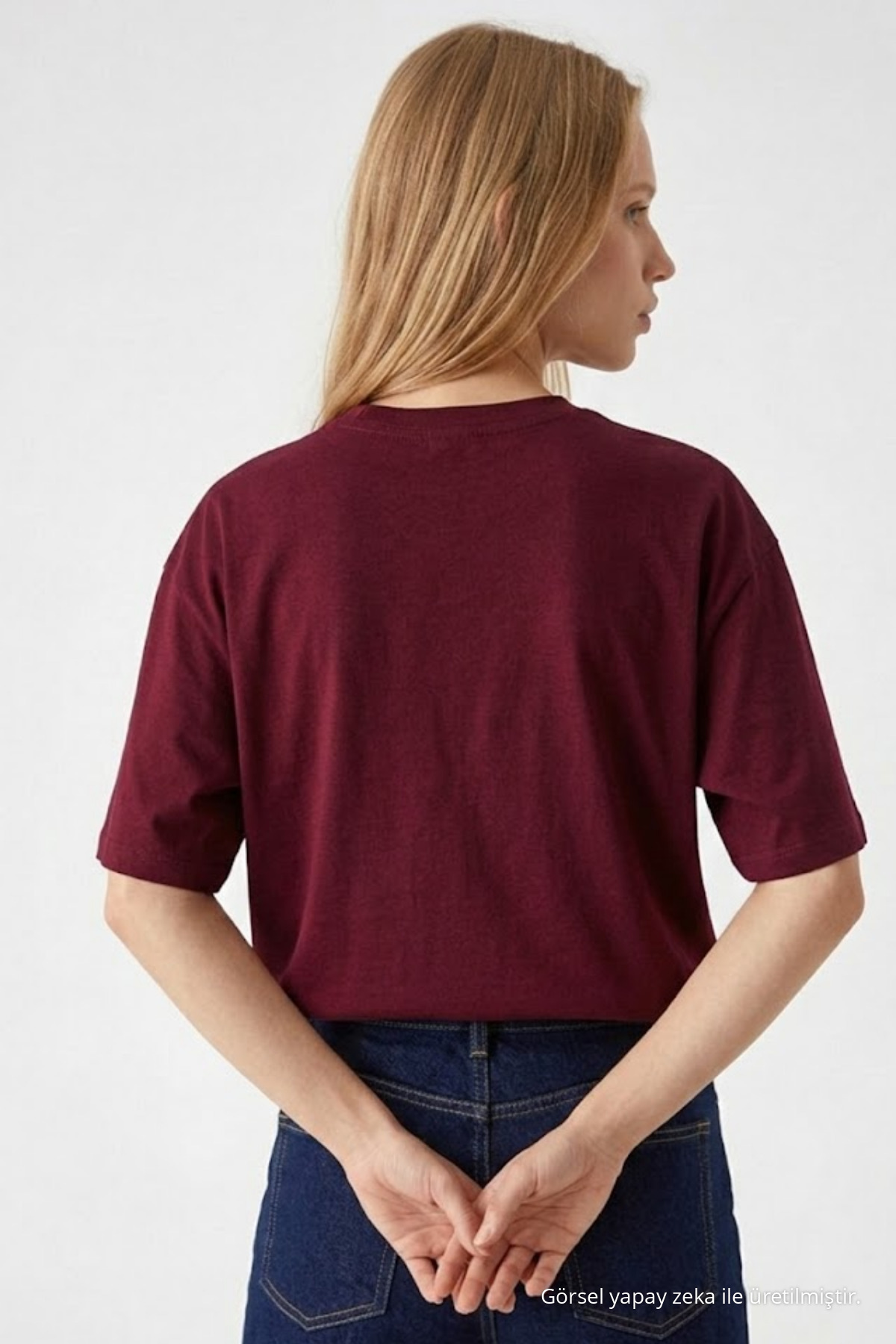 Kadın Bisiklet Yaka Bordo Oversize Tişört 6