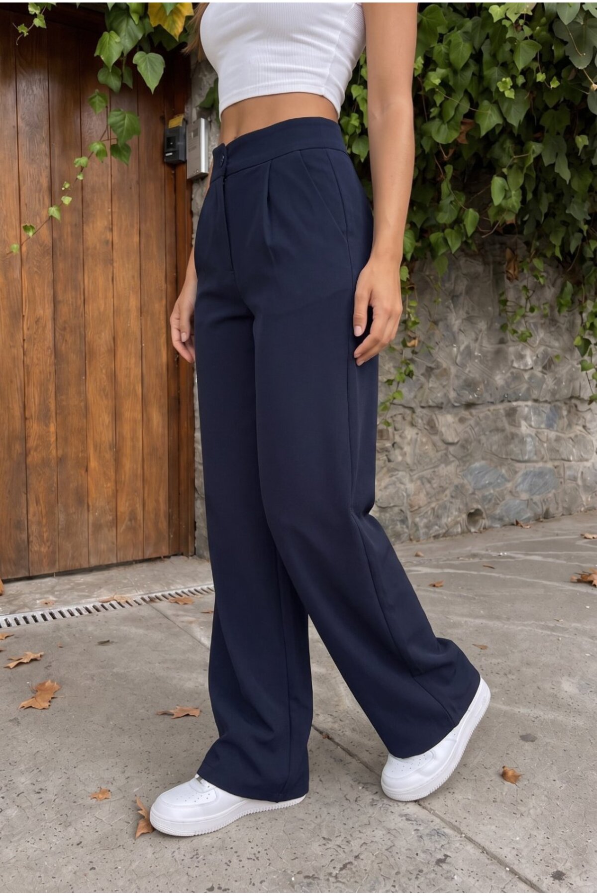 Yüksek Bel Wide Leg Bol Paça Düğmeli Kumaş Pantolon LACİVERT 4