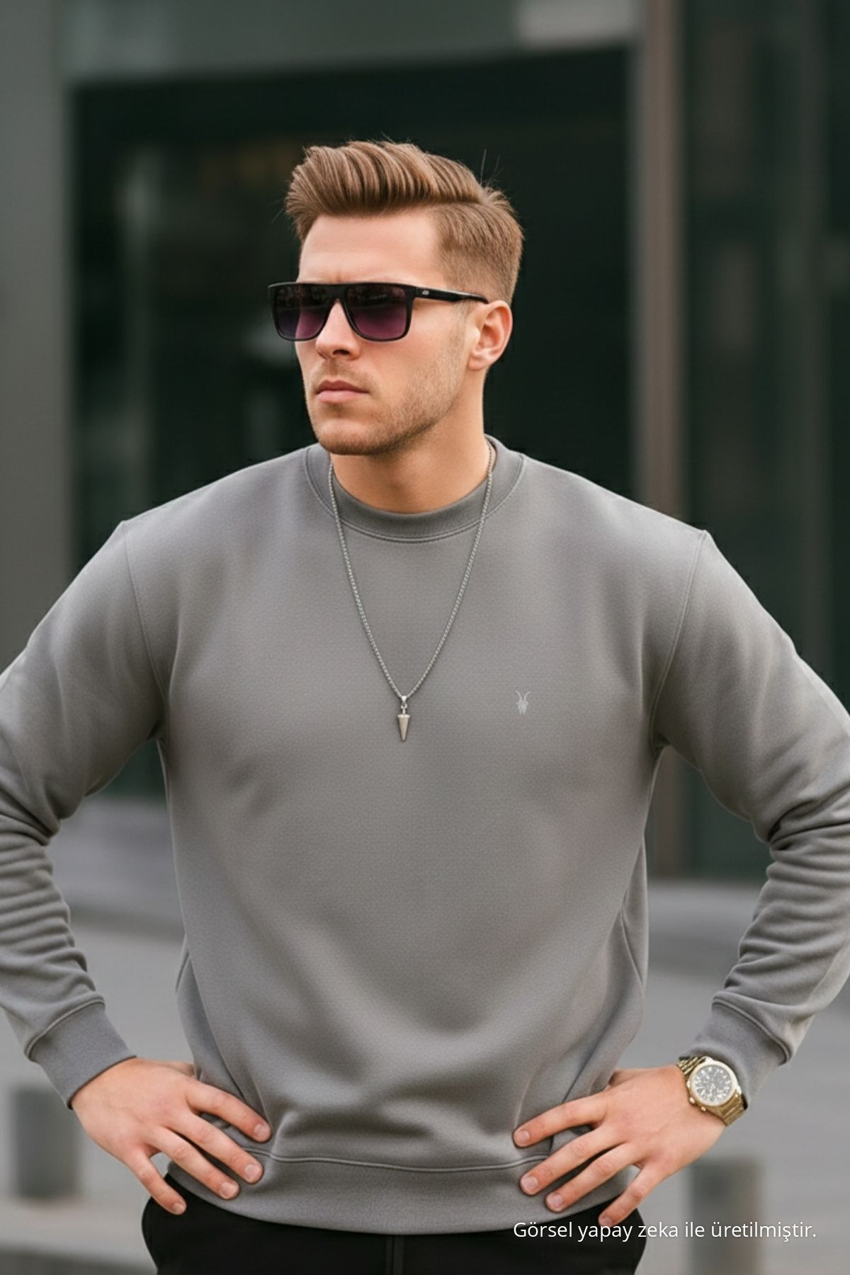 GRİ Renk Basic Bisiklet Yaka Relaxed Regular Erkek Sweatshirt 3