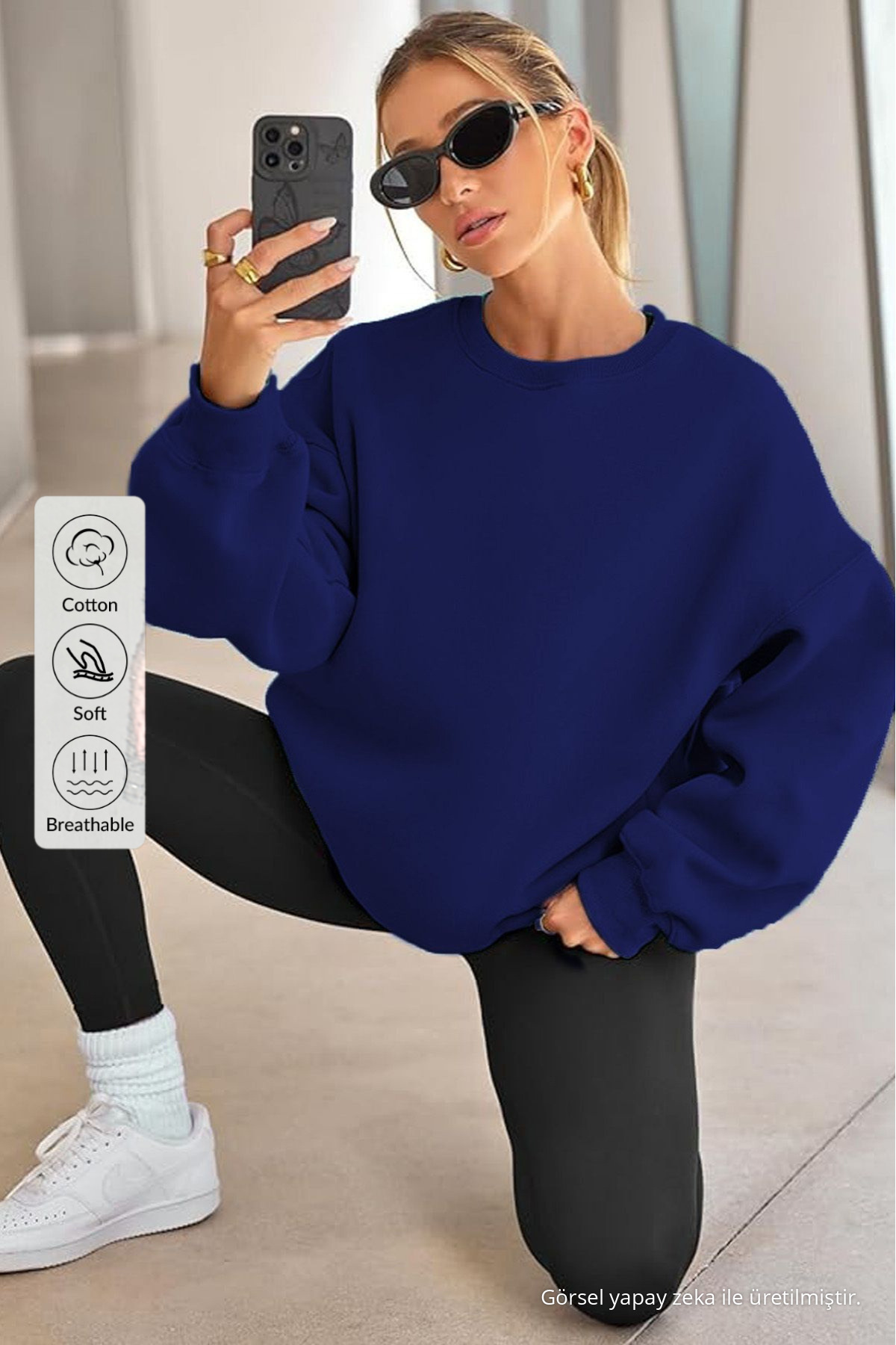 Kadın Bisiklet Yaka Basic Oversize Sweatshirt SAKS MAVİ 3