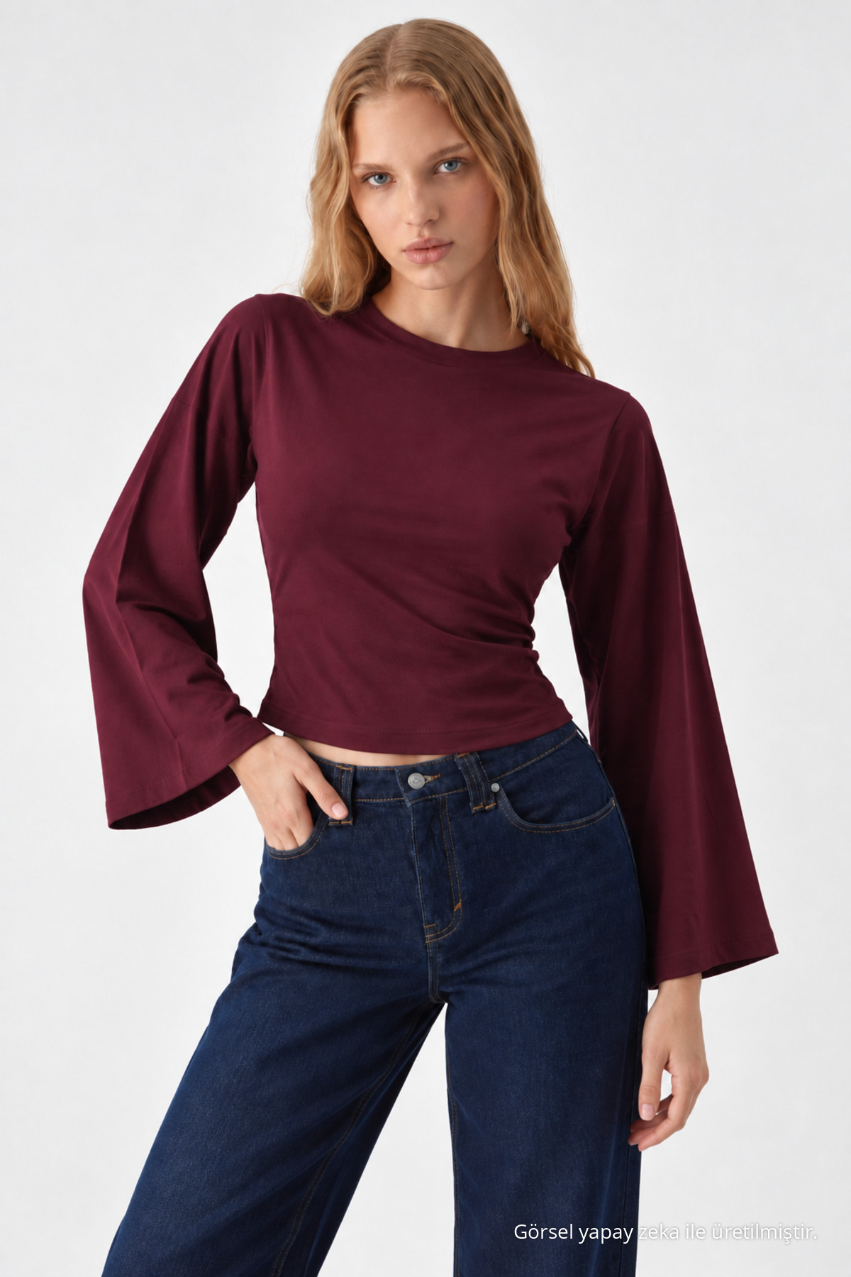 Kadın Bedeni Saran Örme Bordo Günlük Bluz 4