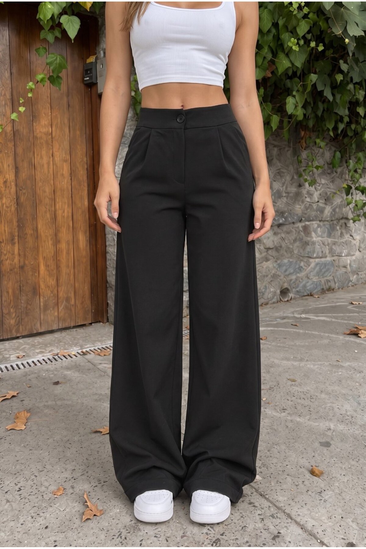 Yüksek Bel Wide Leg Bol Paça Düğmeli Kumaş Pantolon SİYAH 4
