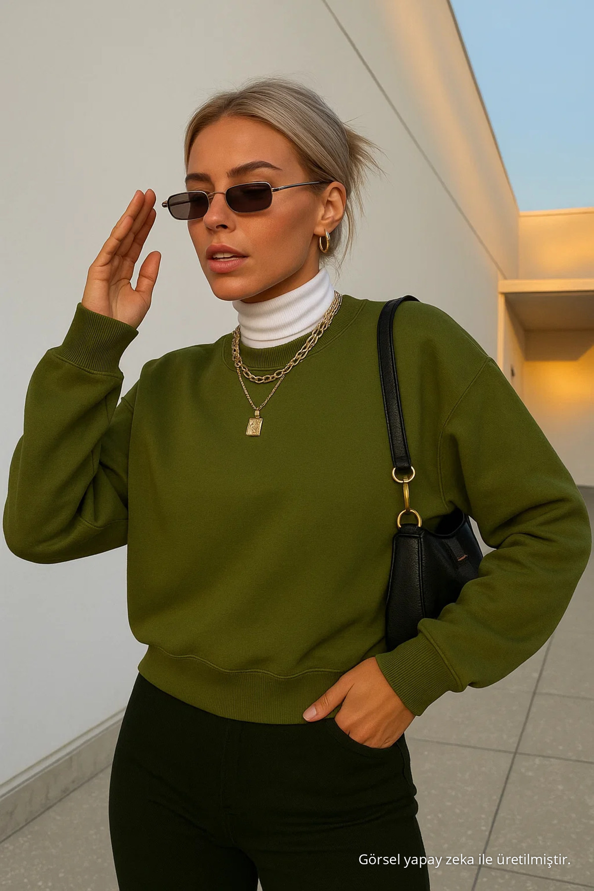 Kadın Basic Oversize Kışlık HAKİ Sweatshirt 5