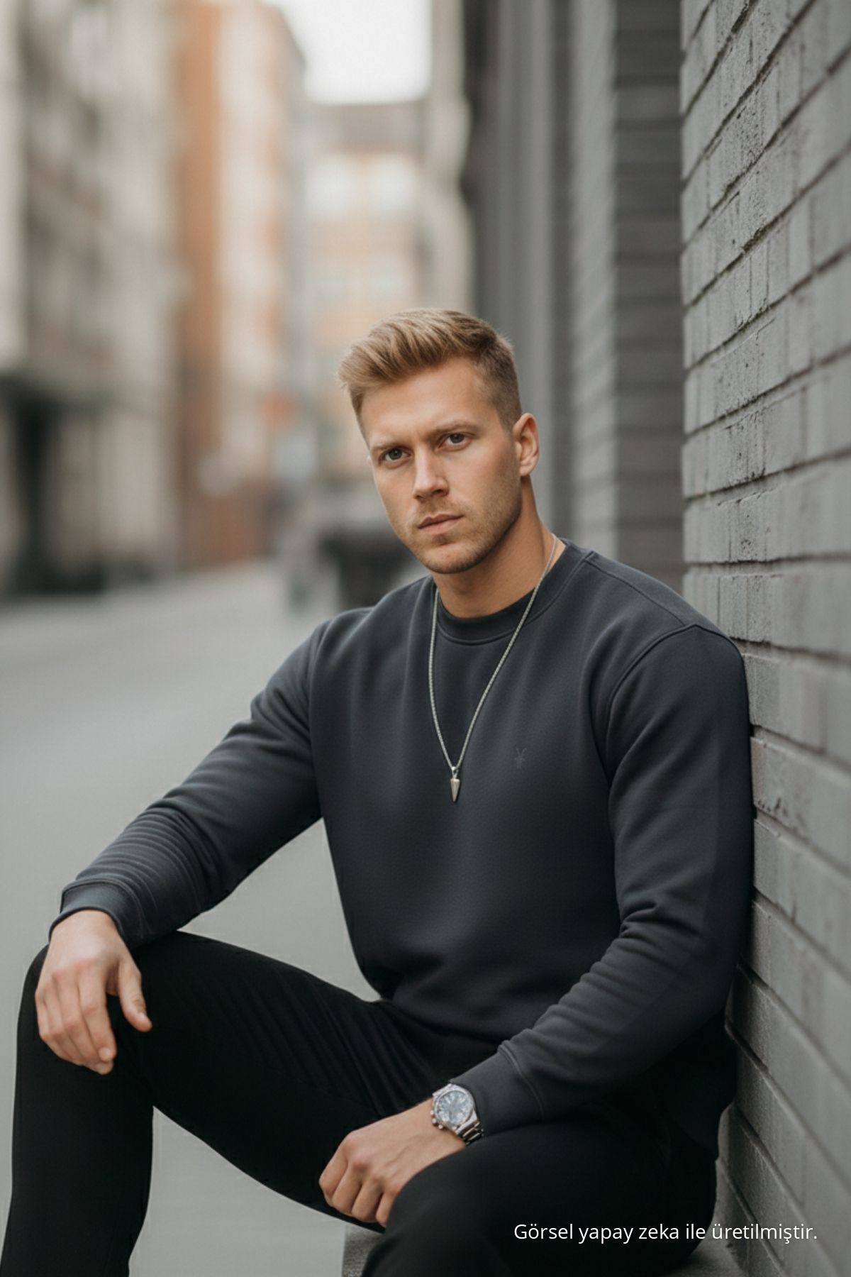 Füme Renk Basic Bisiklet Yaka Relaxed Regular Erkek Sweatshirt 6