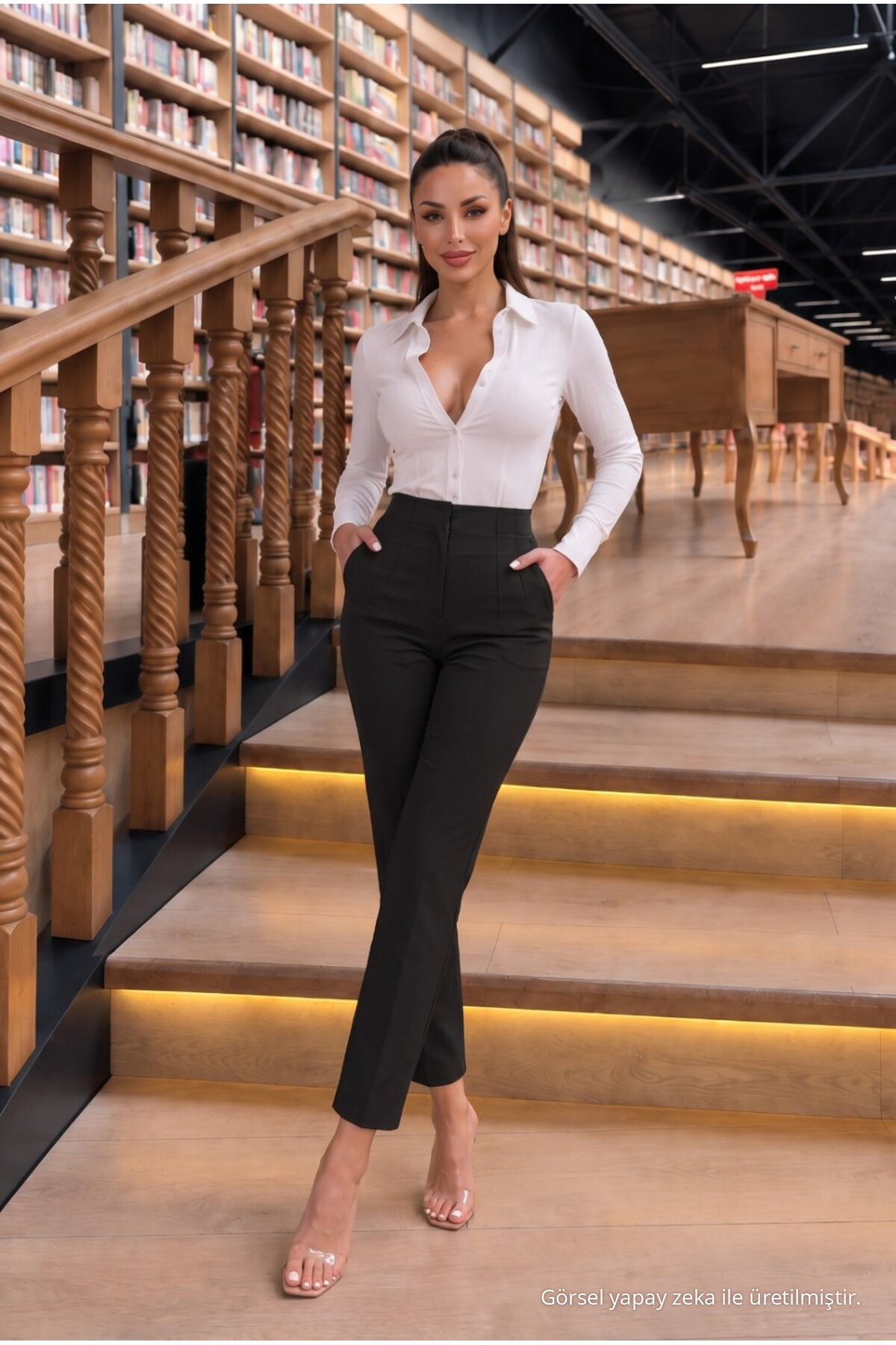 Yüksek Bel Pileli Slim Fit Ofis Pantolonu SİYAH 6