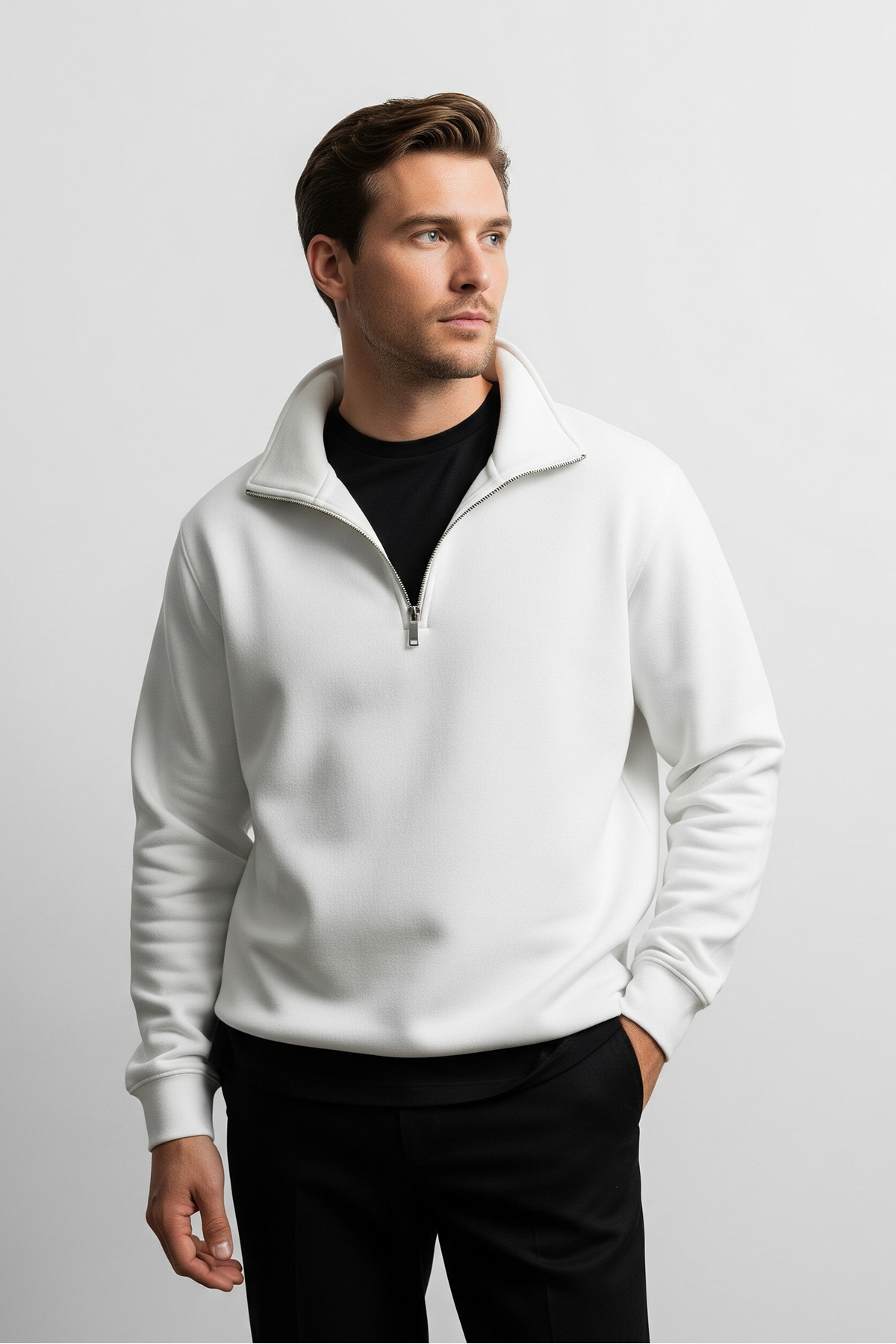Erkek Yarım Fermuarlı Salaş Beyaz Sweatshirt 4