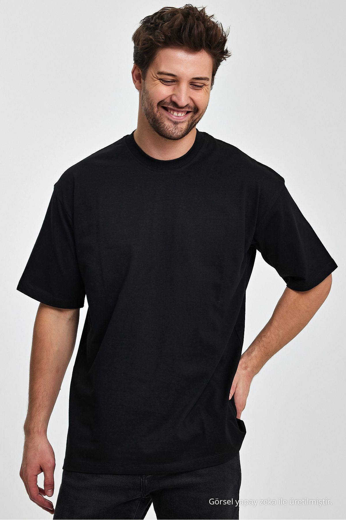 Erkek Oversize Fit Kalın Kumaş Dokulu Bisiklet Yaka T-shirt SİYAH 5