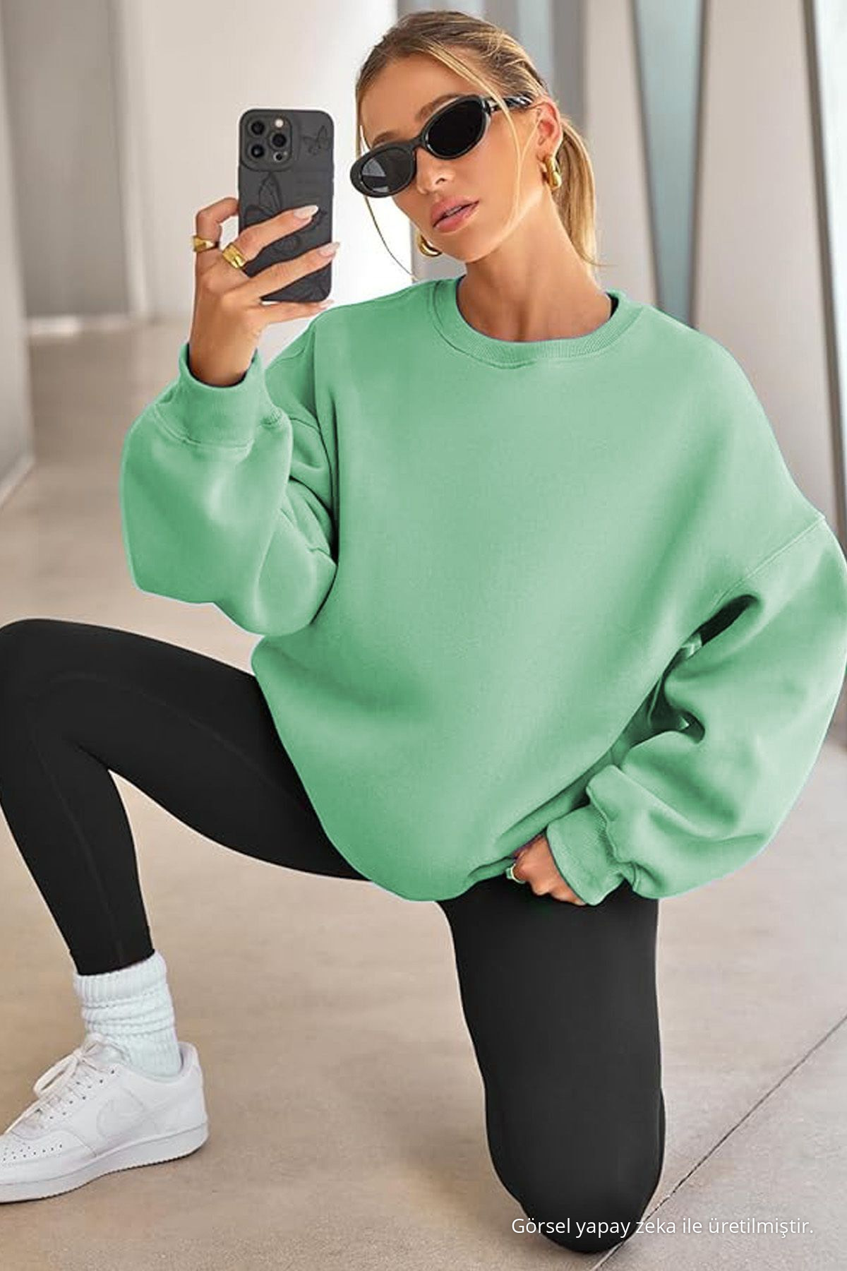Kadın Bisiklet Yaka Basic Oversize Sweatshirt SU YEŞİLİ 4