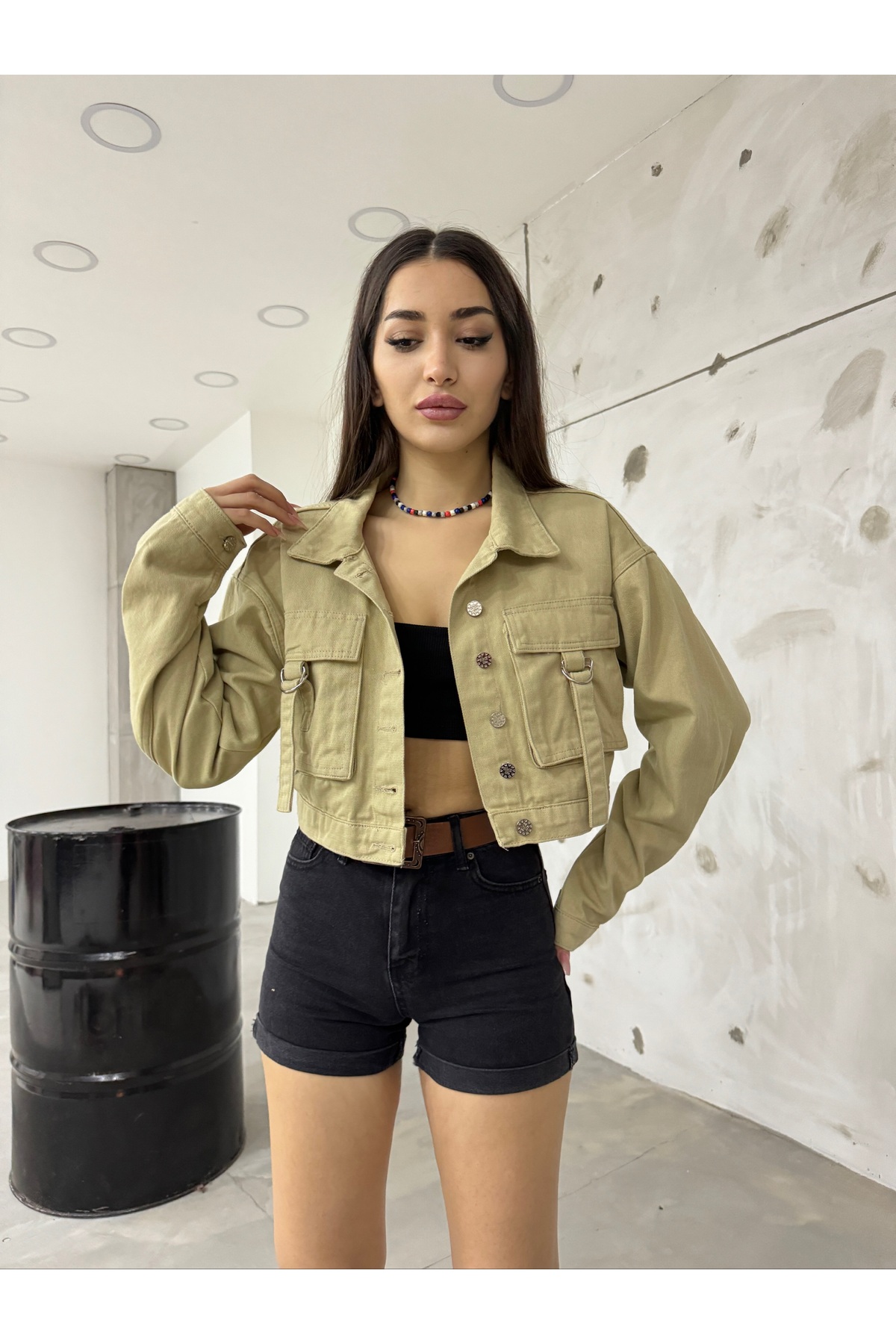Kadın Cep Detaylı Oversize Crop Denim Ceket BEJ 8