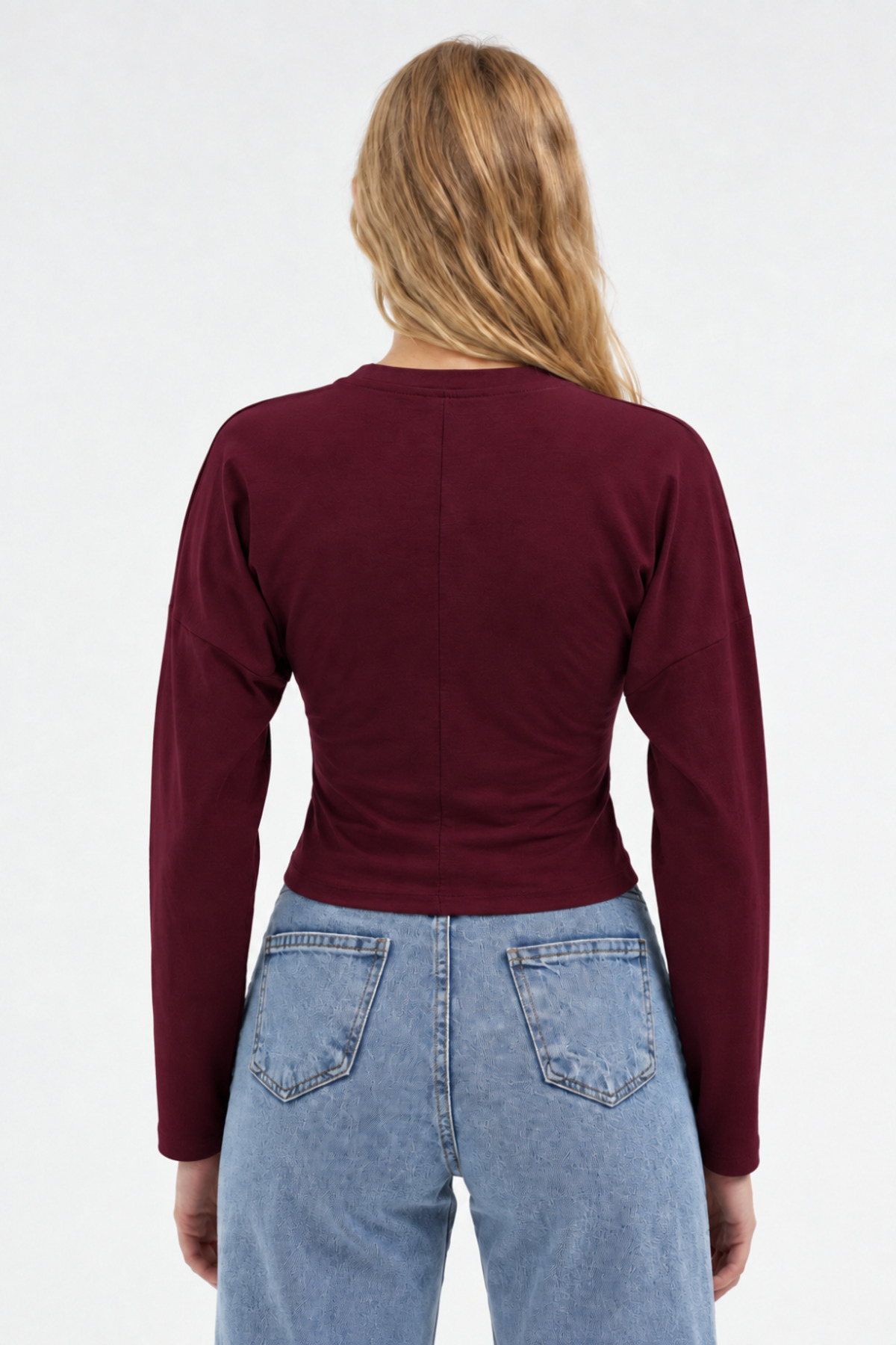 Bordo Bisiklet Yaka Uzun Kollu Crop Bluz 3