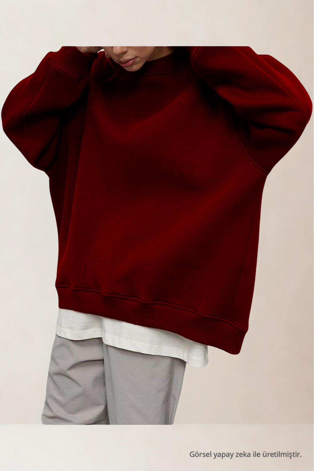 Kadın Bisiklet Yaka İçi Şardonlu, Kışlık Yumuşak Bol Sweatshirt BORDO 6