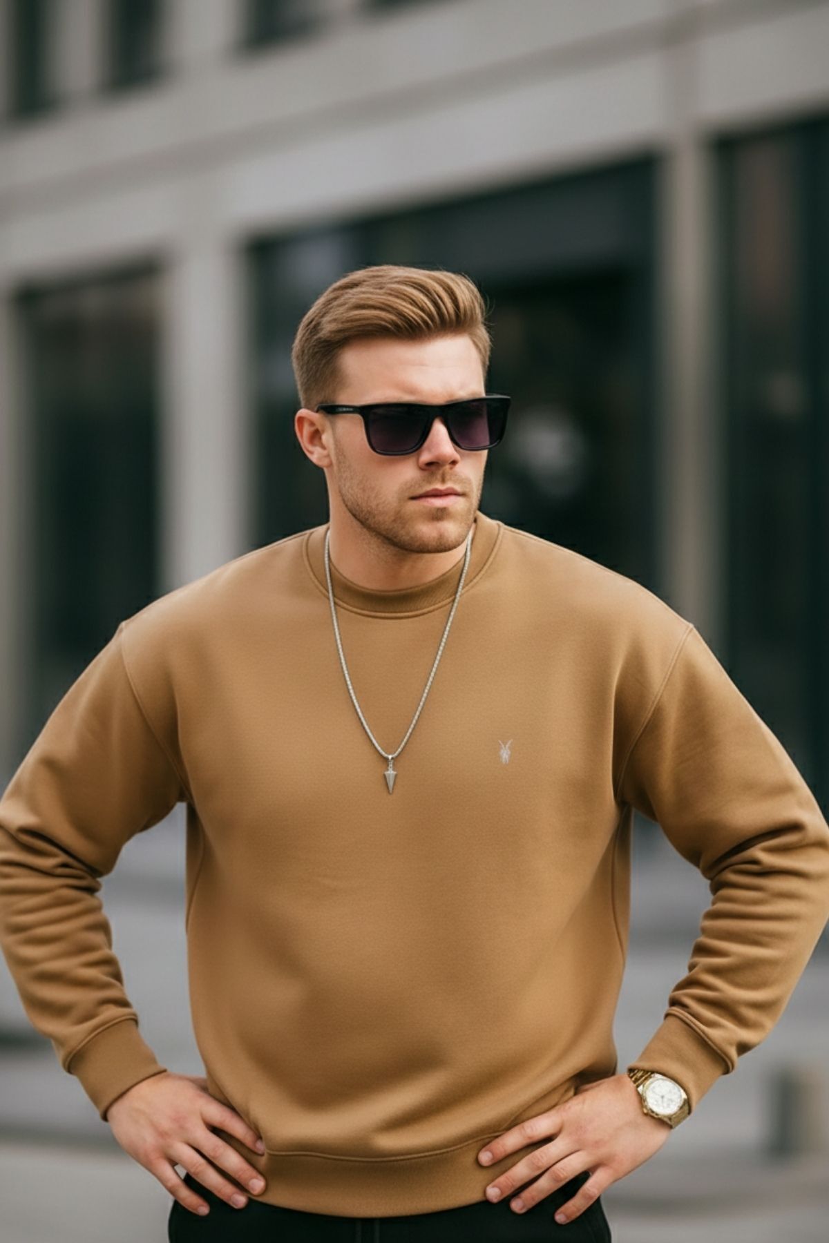 Karamel Renk Erkek Bisiklet Yaka Sweatshirt 4