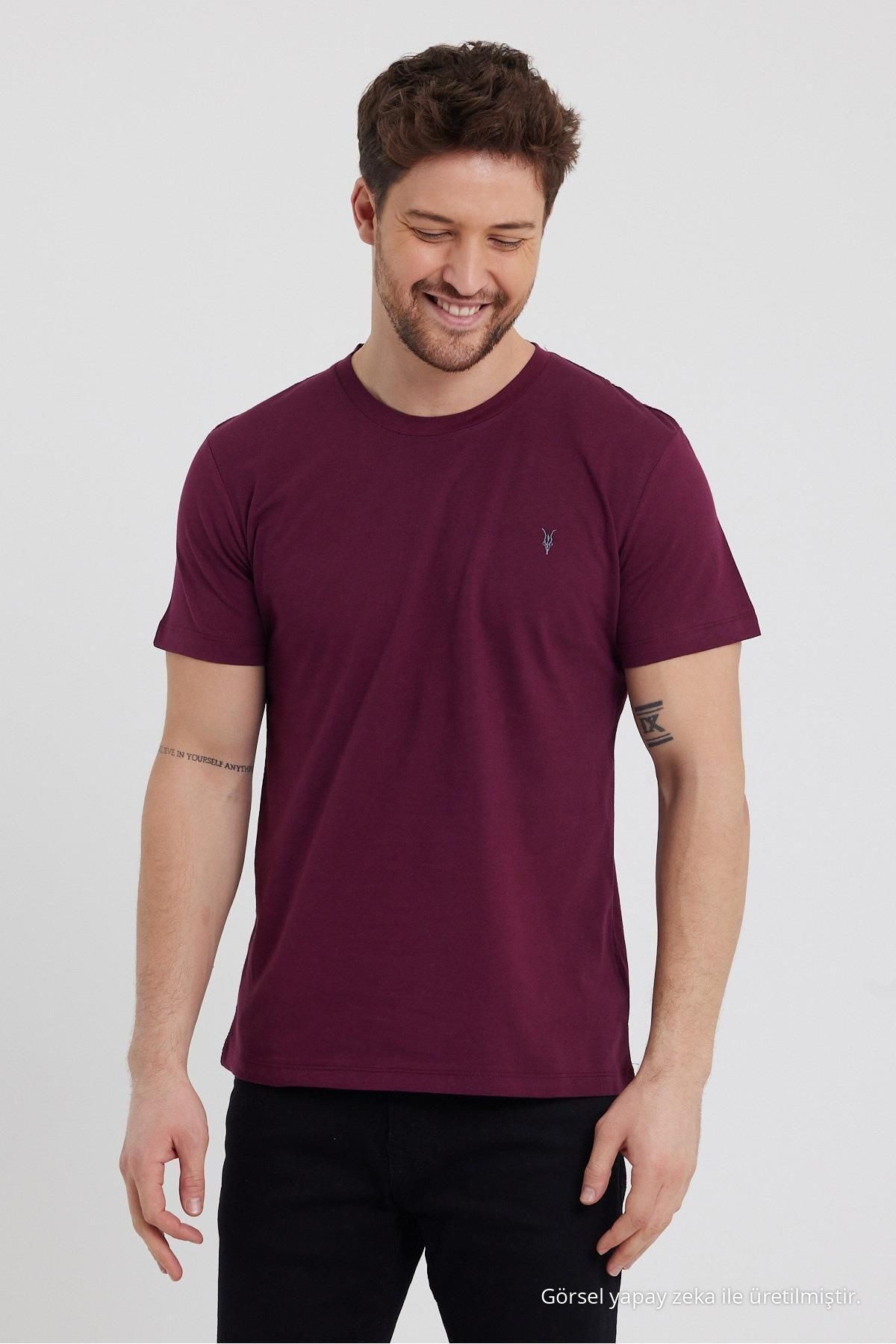 Haki Pudra HAKİ-PUDRA-BORDO 3-lü Basic Bisiklet Yaka T-shirt 6