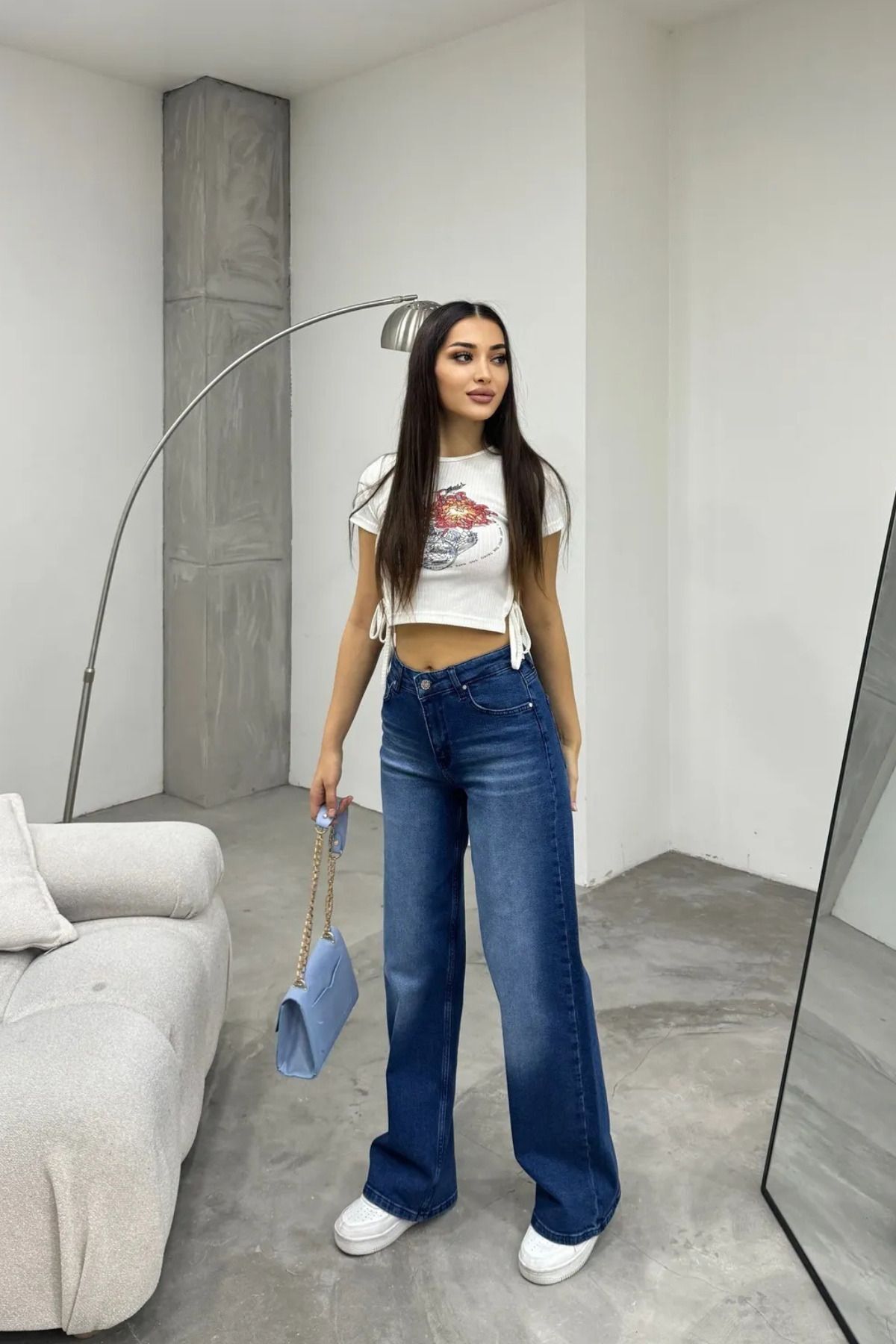 Kadın Yüksek bel Esnek Soluk Efektli Palazzo Jeans Mavi 6