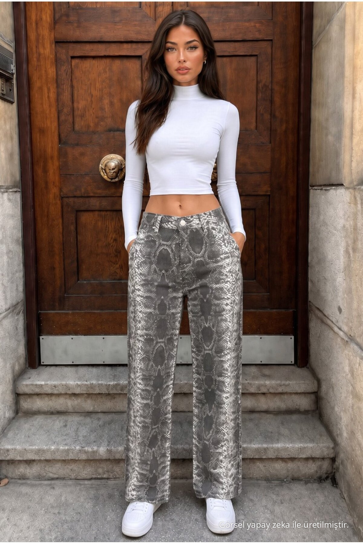 Yılan Desenli Yüksel Bel Wide Leg Lıkralı Palazzo Jean Füme 3