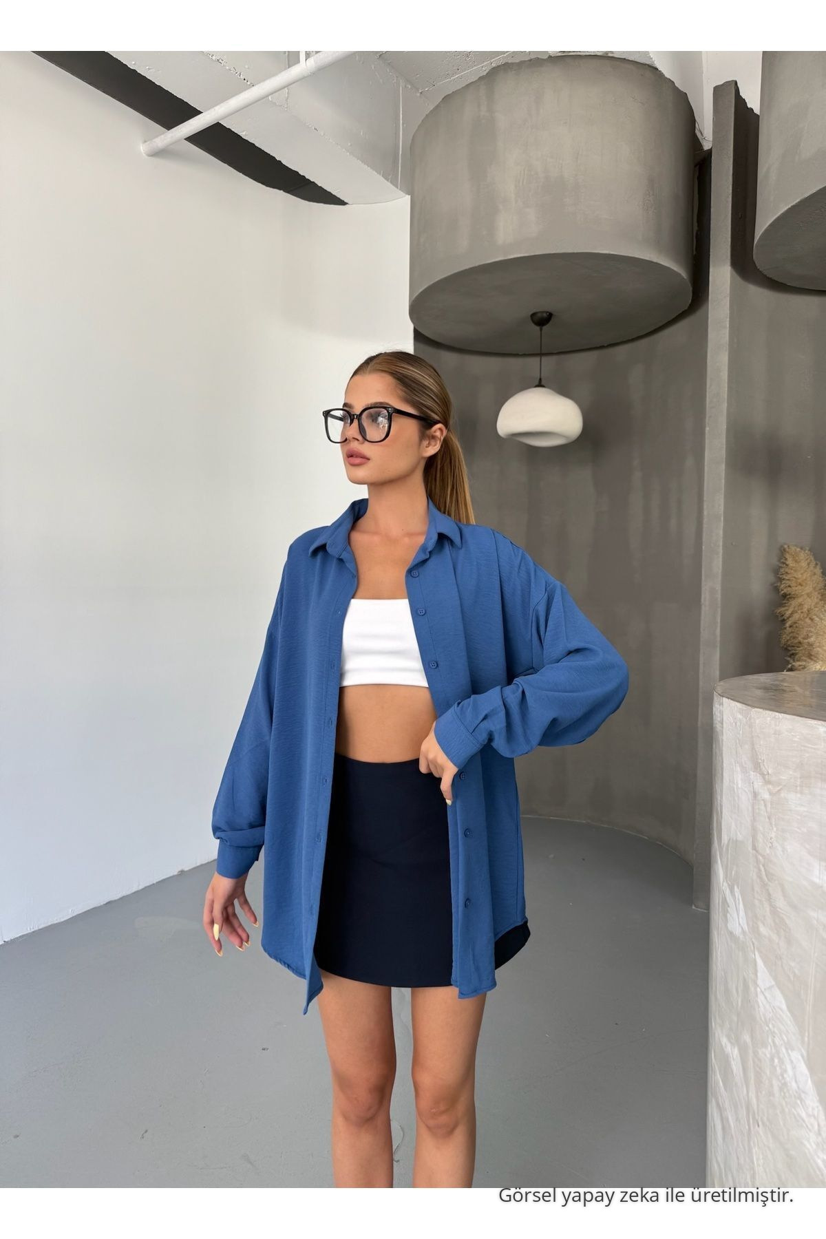 Kadın İNDİGO Oversize Keten Ayrobin Gömlek 6