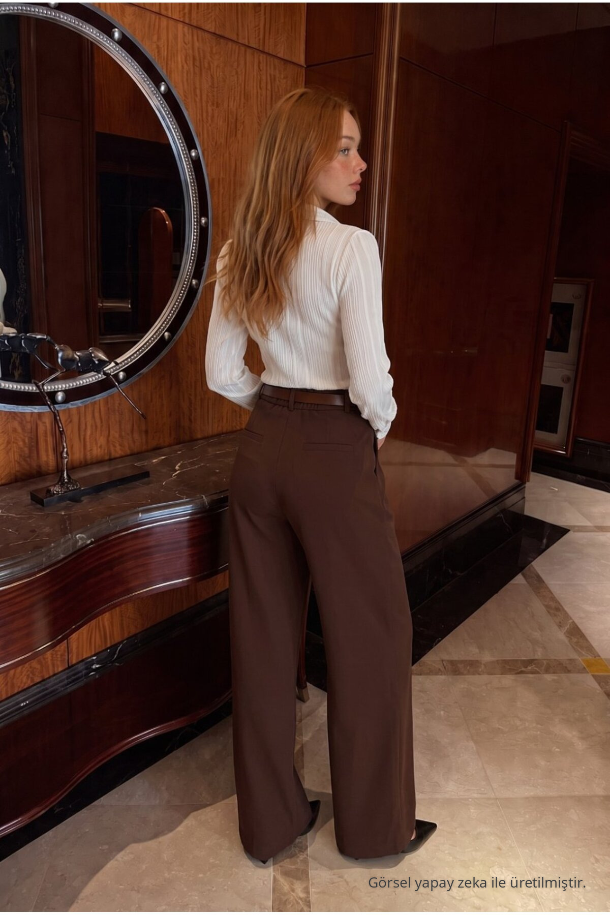 Kemerli Oversize Geniş Paça Palazzo Kumaş Pantolon KAHVE 3