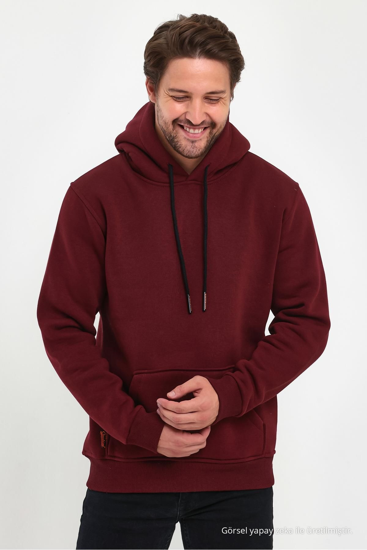 Erkek Bordo Standart Fit Normal Kesim İçi Polarlı Kapüşonlu Kanguru Cepli Pamuklu Sweatshirt 5