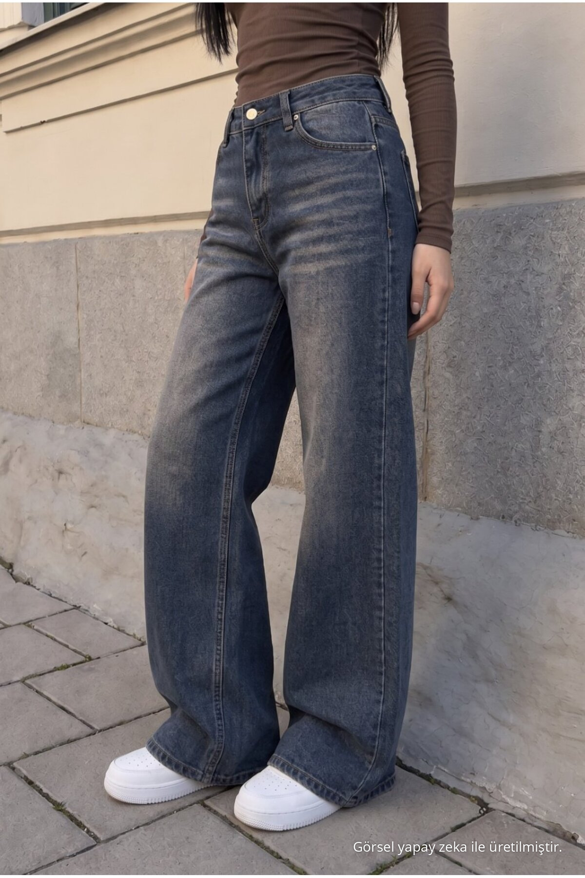 Kadın Bol Paça Jean Pantolon High Waist LACİVERT EFEKTLİ 3